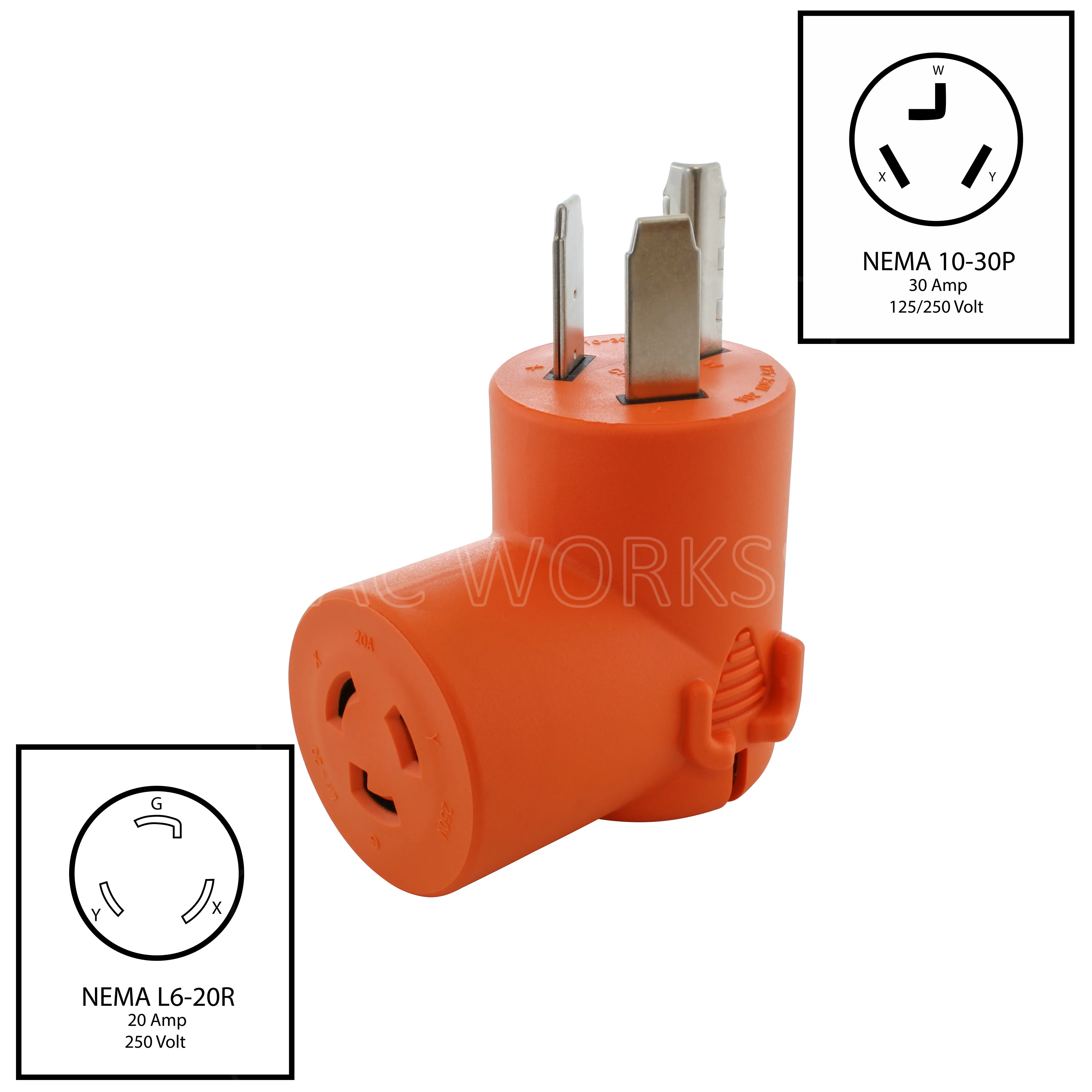 AC WORKS® [AD1030L620] 3-Prong Dryer Outlet to L6-20 20A 250V Locking Female Adapter