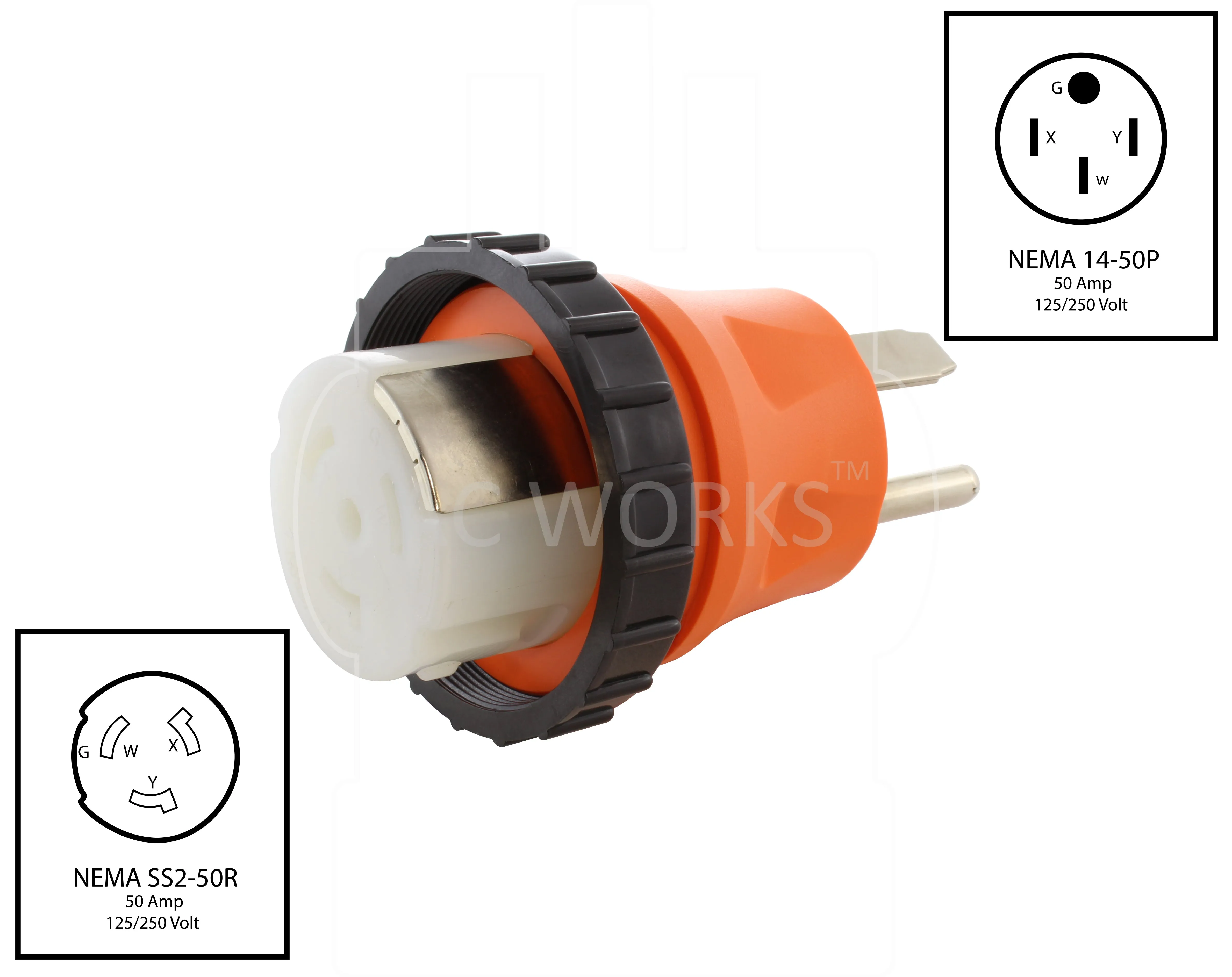 AC WORKS® [AD1450SS2] RV/ Marine Adapter NEMA 14-50P 4-Prong 50A Plug to RV/Marine 50A Inlet Adapter