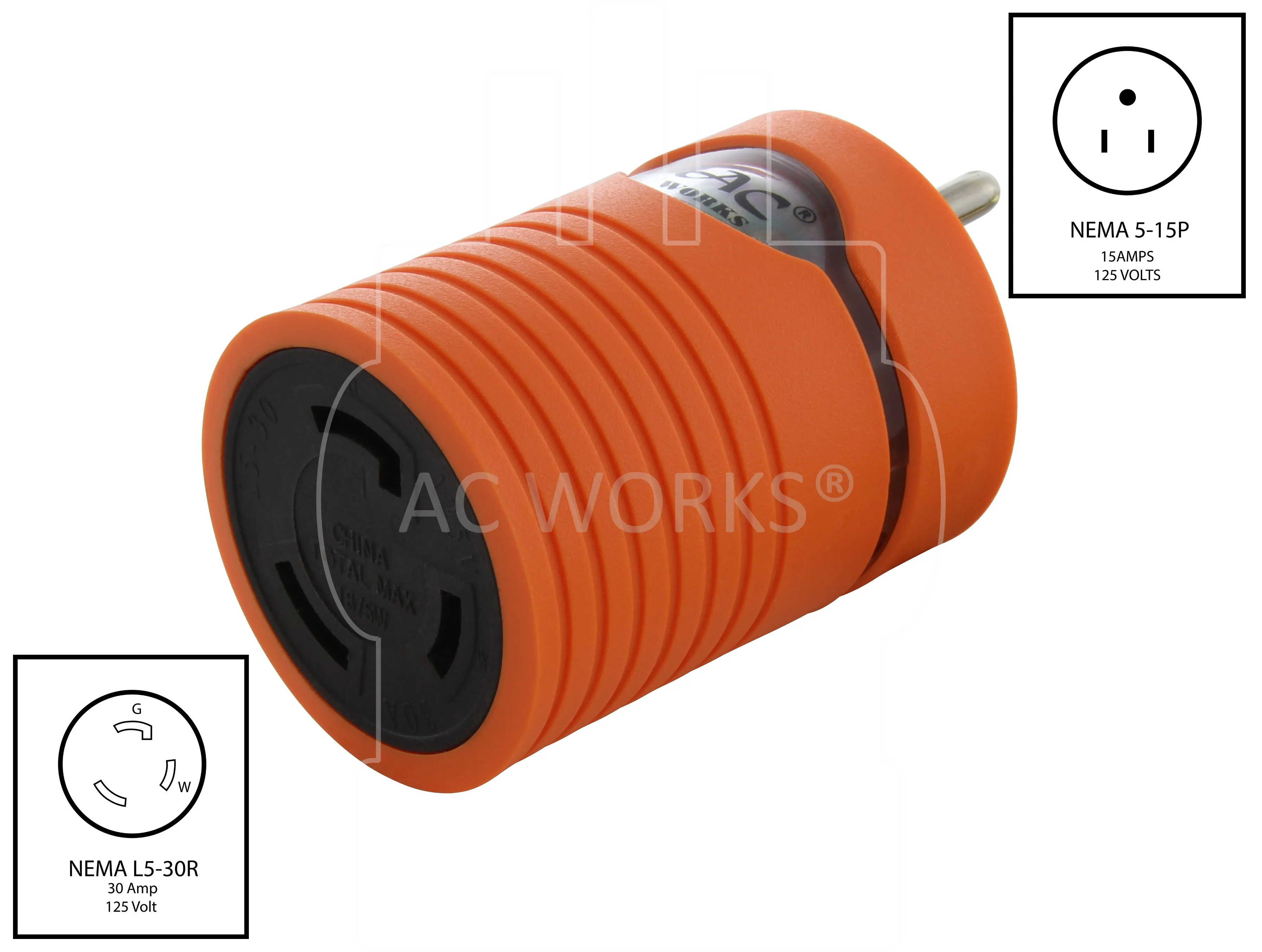 AC WORKS® [AD515L530] RV/Marine Adapter Household 15A Plug to Locking L5-30R 30A 125V Connector with & cCSAus approval