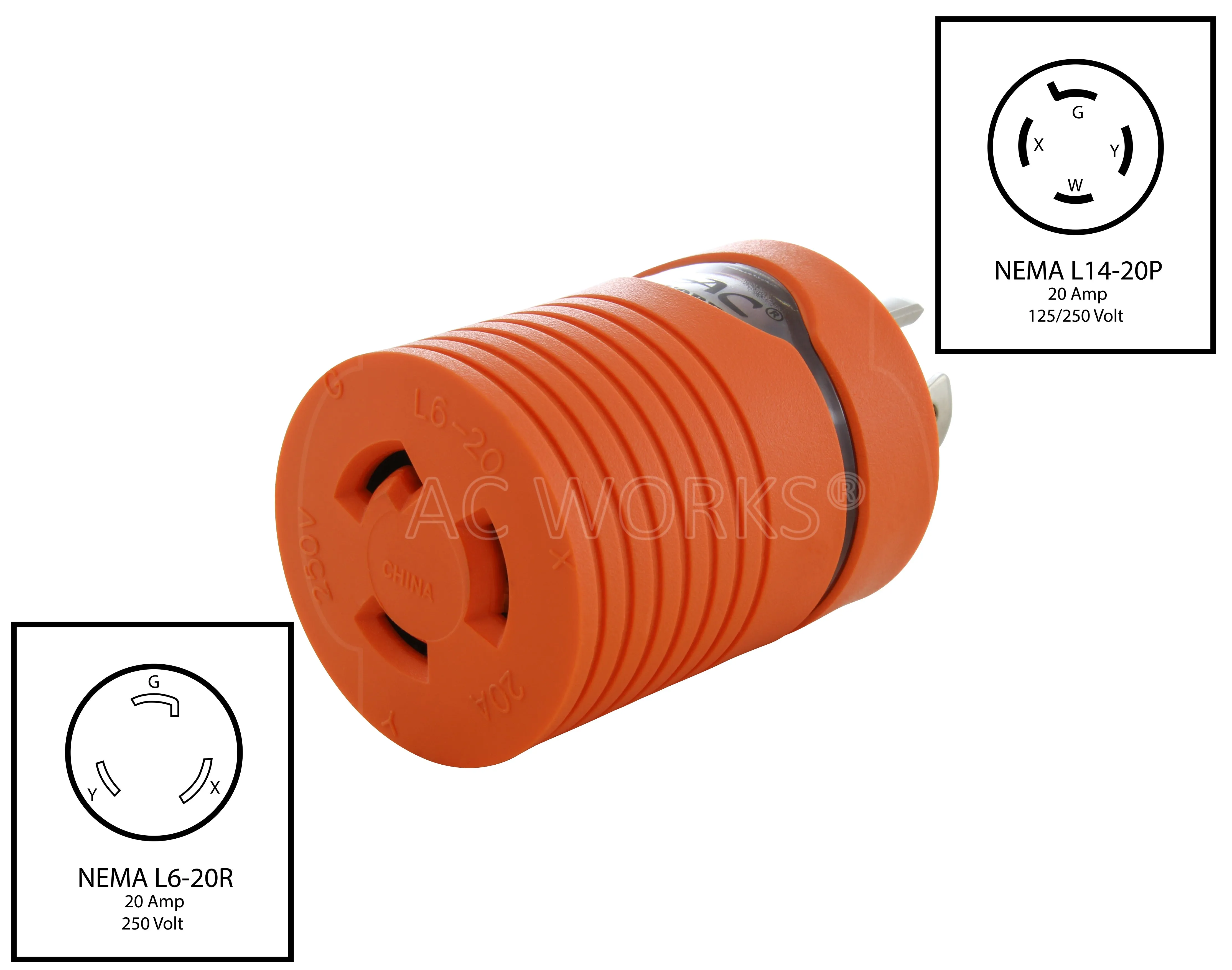 AC WORKS® [ADL1420L620] Adapter 4-Prong 20A 125/250V NEMA L14-20P Plug to L6-20R 20A 250V Connector