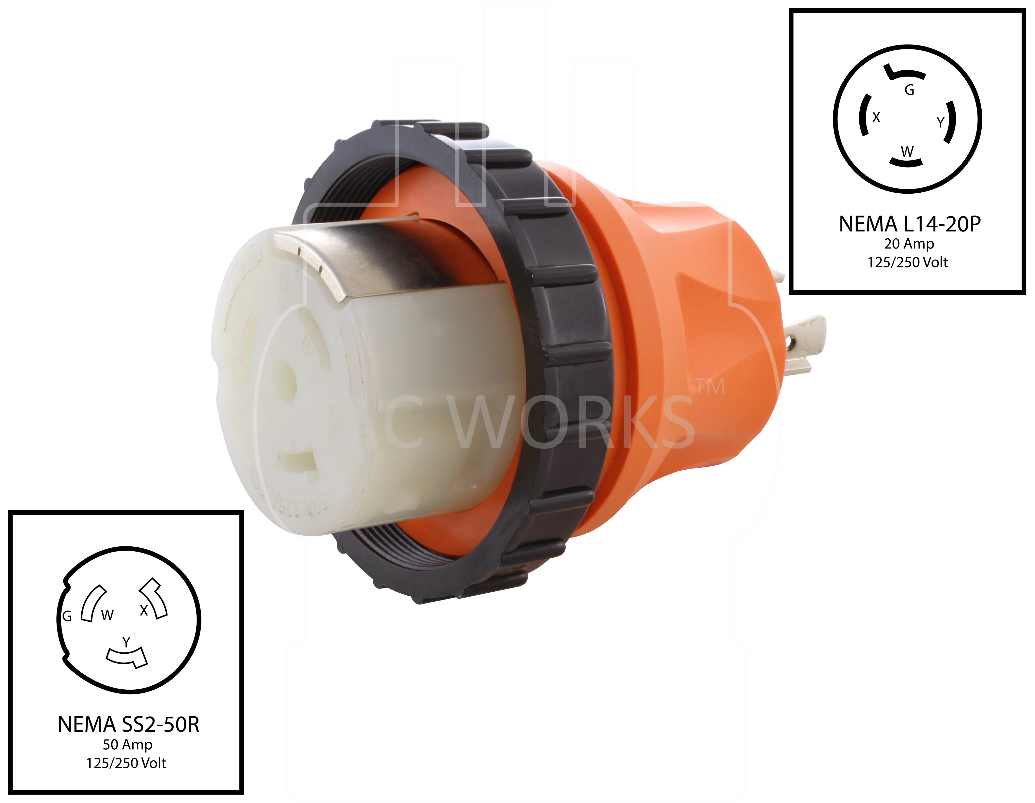 AC WORKS® [ADL1420SS2] Adapter NEMA L14-20P 4-Prong 20A Generator Locking Plug - RV/Marine 50A Inlet