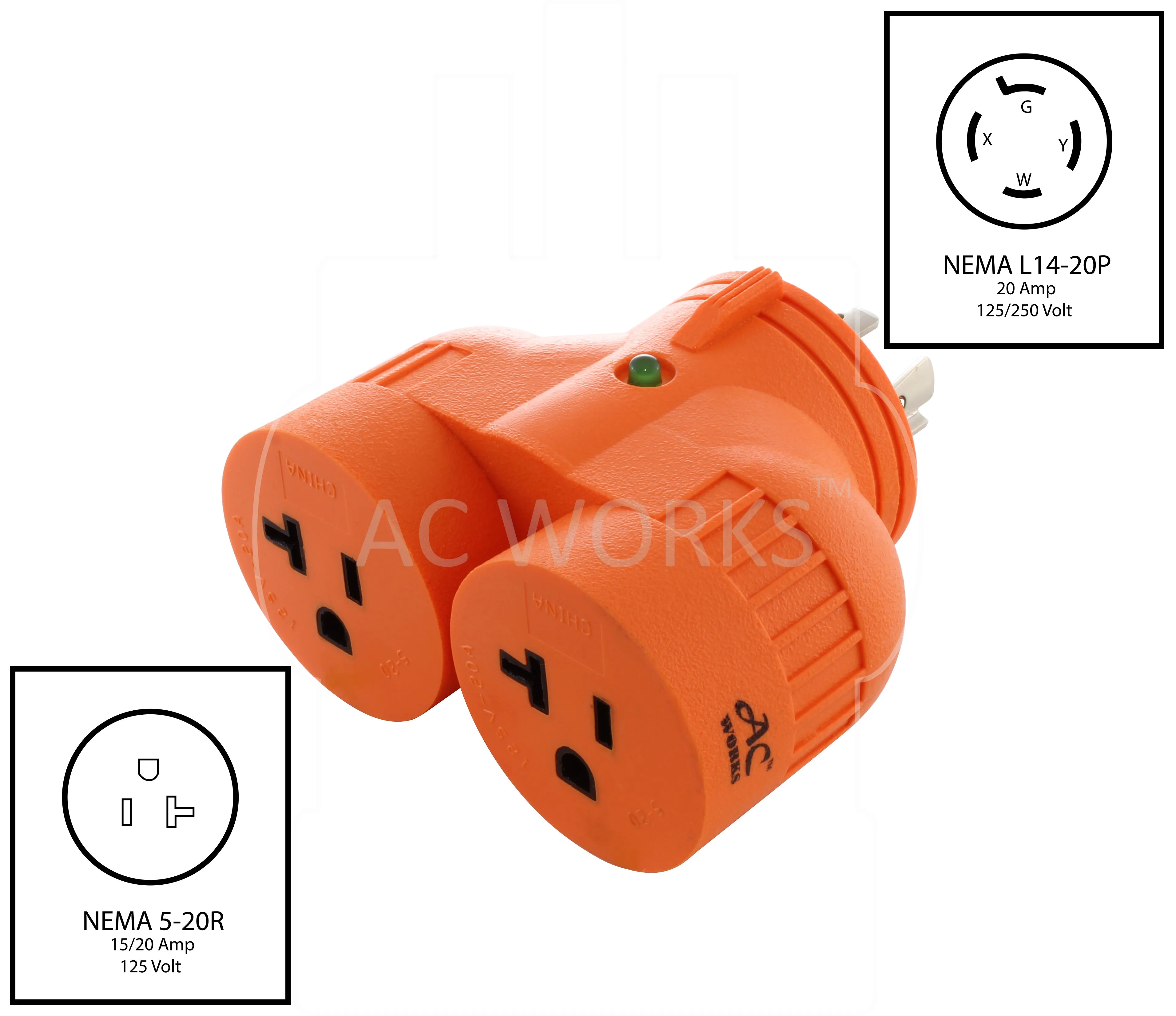 AC WORKS® V-DUO [ADVL1420520] Adapter L14-20P 20A 4-Prong Plug to (2) 15/20A Household Connectors