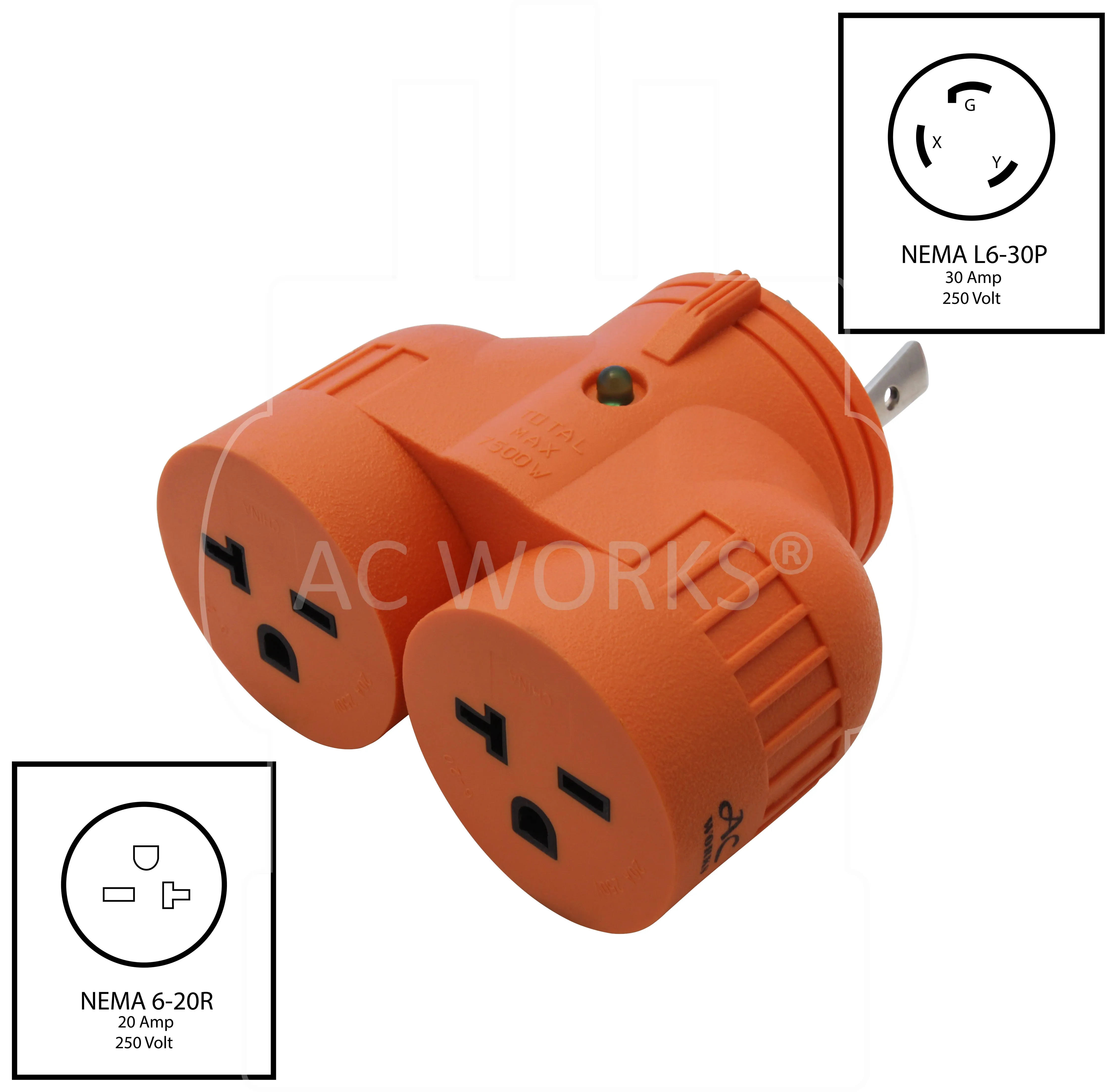 AC WORKS® V-DUO [ADVL630620] Adapter L6-30P 30A 250V 3-Prong Locking Plug to (2) 6-20R HVAC Connectors