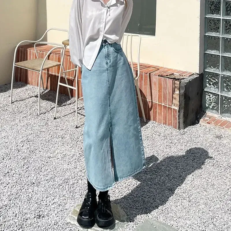 Amozae-Grey Side Slit Denim Skirt For Women Mid Length Spring 2024 New Style Sensibility Nichedenim Skirt Fashionable Female Clothing