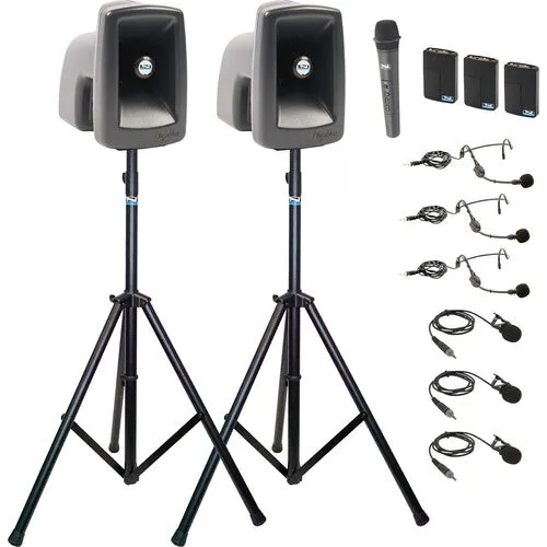 Anchor Audio MEGA-DP4-AIR HBBB MegaVox 2 Deluxe AIR PA, Wireless Companion Speaker, 2 Stands, Wireless Handheld Mic, 3 Wireless Bodypacks with 3 Lapel/Headset Mics