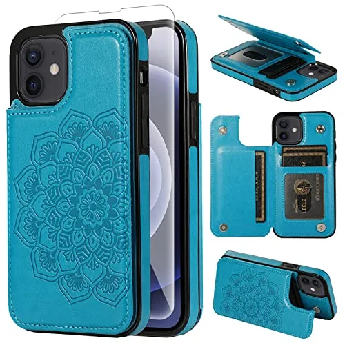 Anyisposs Phone Case for iPhone 12 Pro iPhone 12 Wallet Case 6.1 inch with Tempered Glass Screen Protector Card Holder Slots Stand Cover Leather Flip Cases iPhone12pro 5G i 12s iPhone12 12pro Men Blue