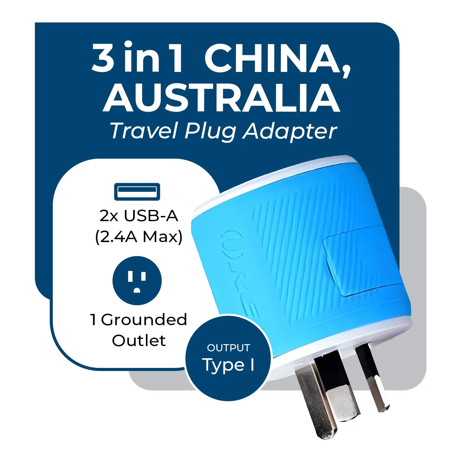 Australia, New Zealand Travel Adapter - 3 in 1 - 2 USB - Type I - Compact Design (U2U-16)