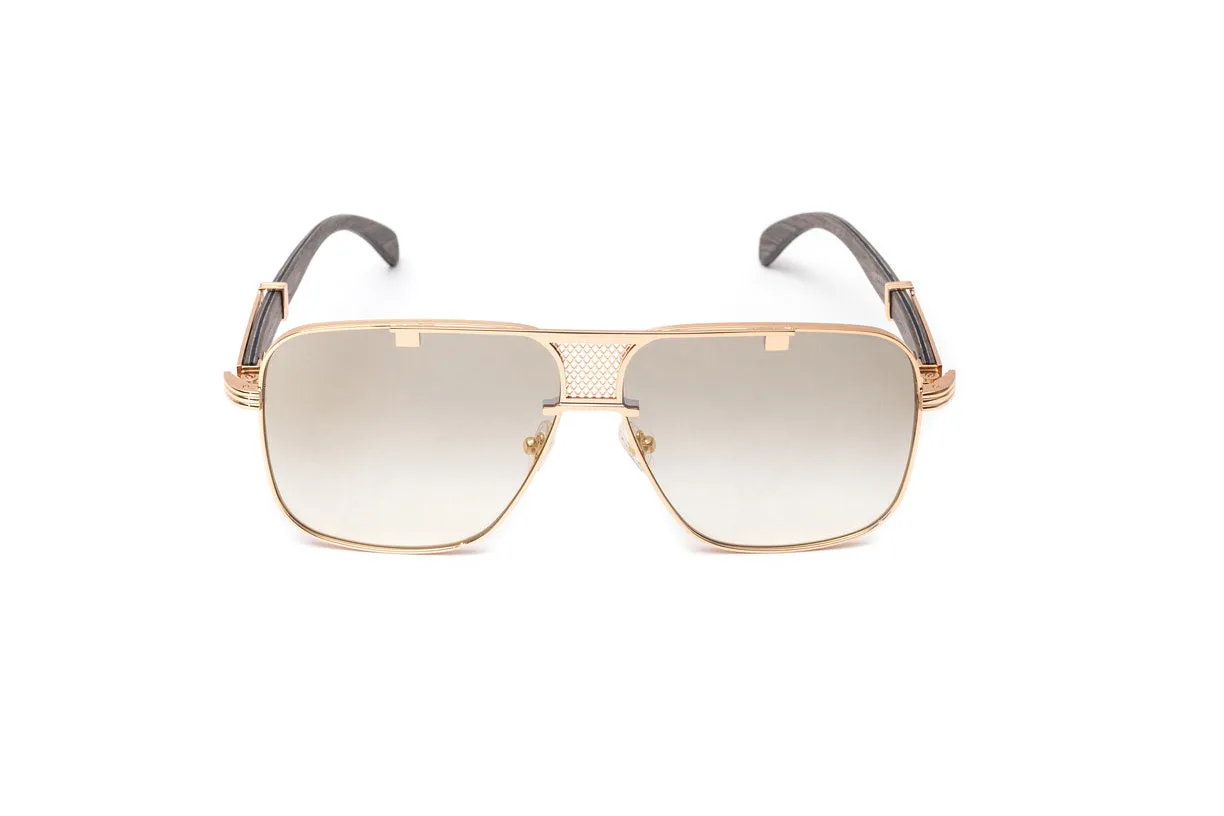 BRIGADE 18KT Rose Gold & Grey Wood Navigator Sunglasses, Gradient Grey   White Gold Mirror Lenses