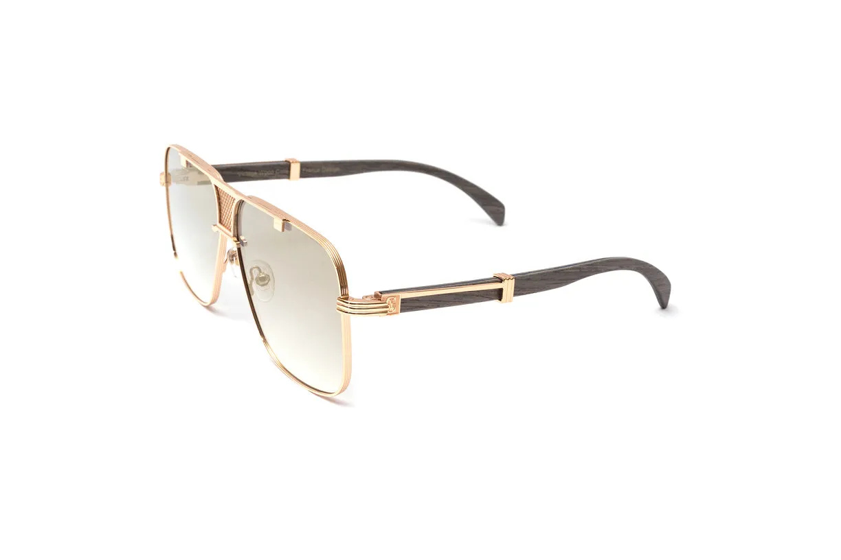 BRIGADE 18KT Rose Gold & Grey Wood Navigator Sunglasses, Gradient Grey   White Gold Mirror Lenses