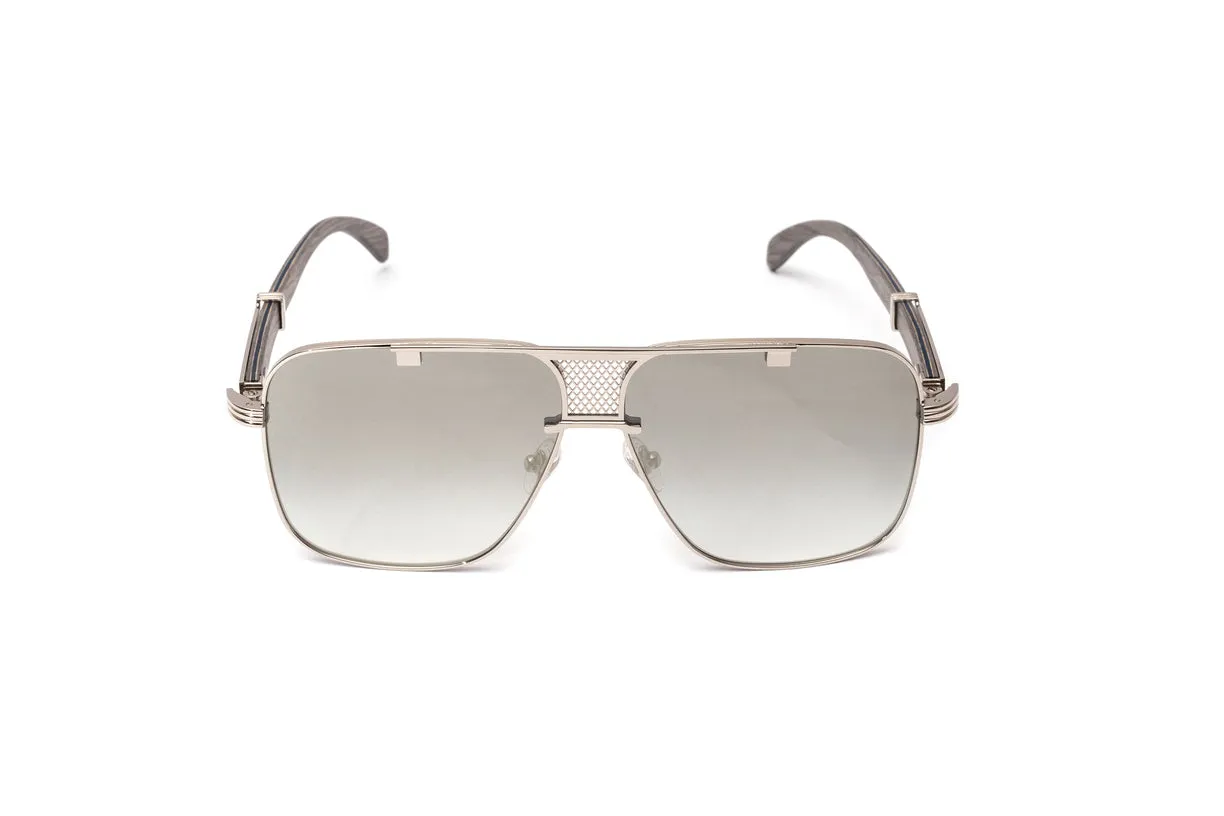 BRIGADE Silver & Grey Wood Navigator Sunglasses, Gradient Grey   Silver Mirror Lenses