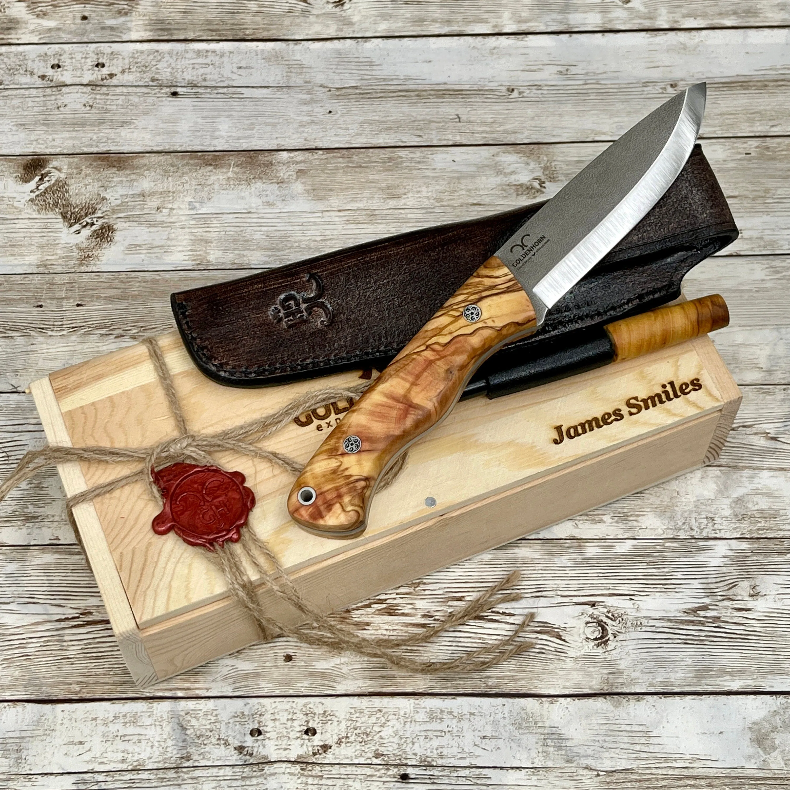 Camping Knife with Customized Wood Handle and Leather Sheath for Anniversary Gift for Him, Olive Handle N690 Blade