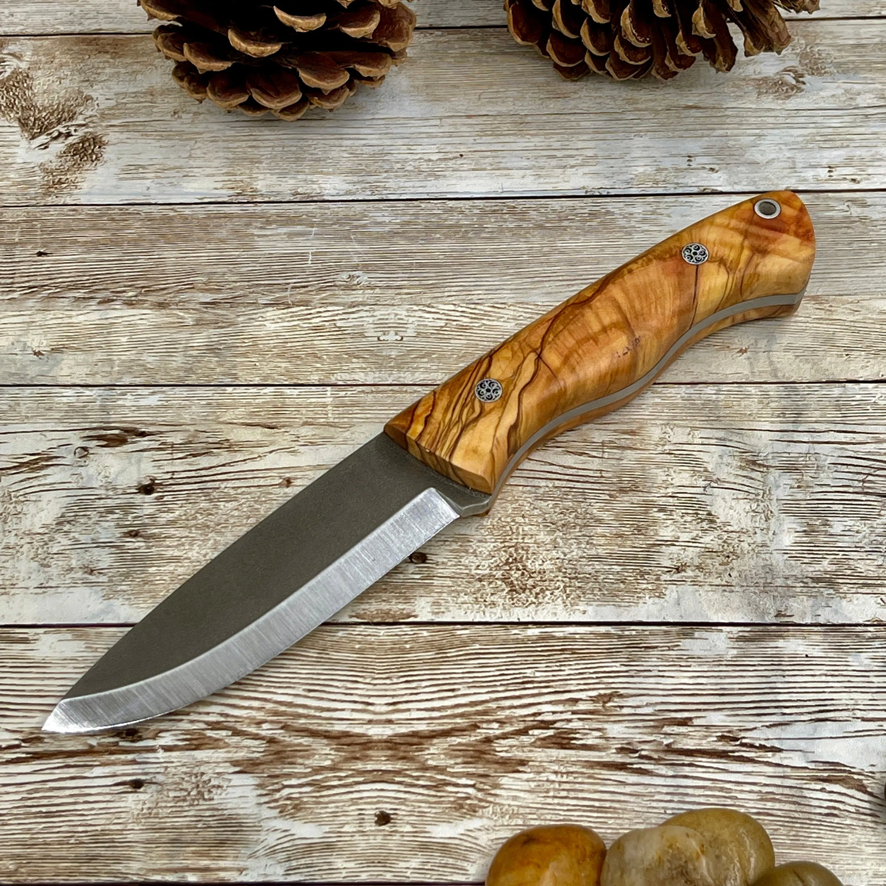 Camping Knife with Customized Wood Handle and Leather Sheath for Anniversary Gift for Him, Olive Handle N690 Blade