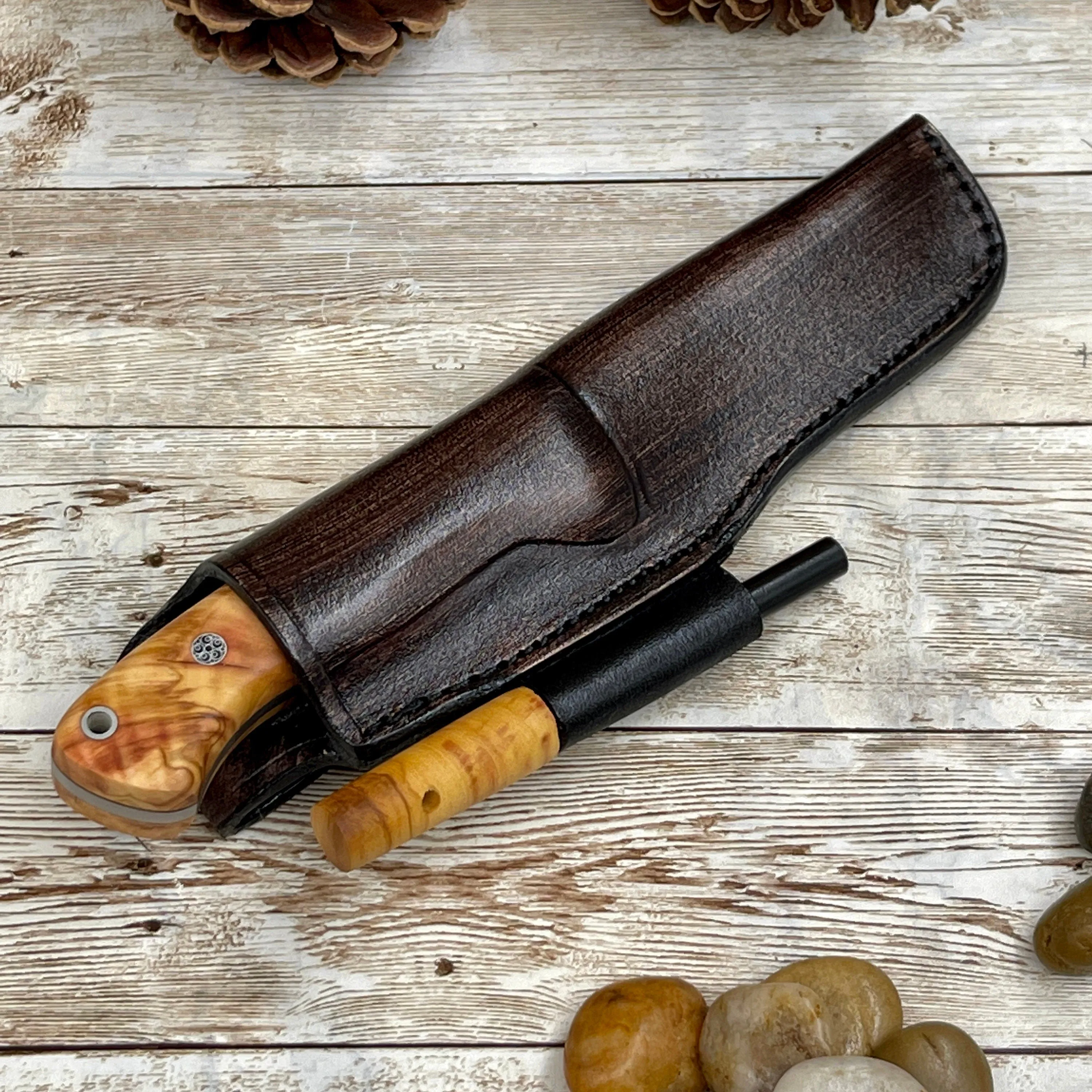 Camping Knife with Customized Wood Handle and Leather Sheath for Anniversary Gift for Him, Olive Handle N690 Blade