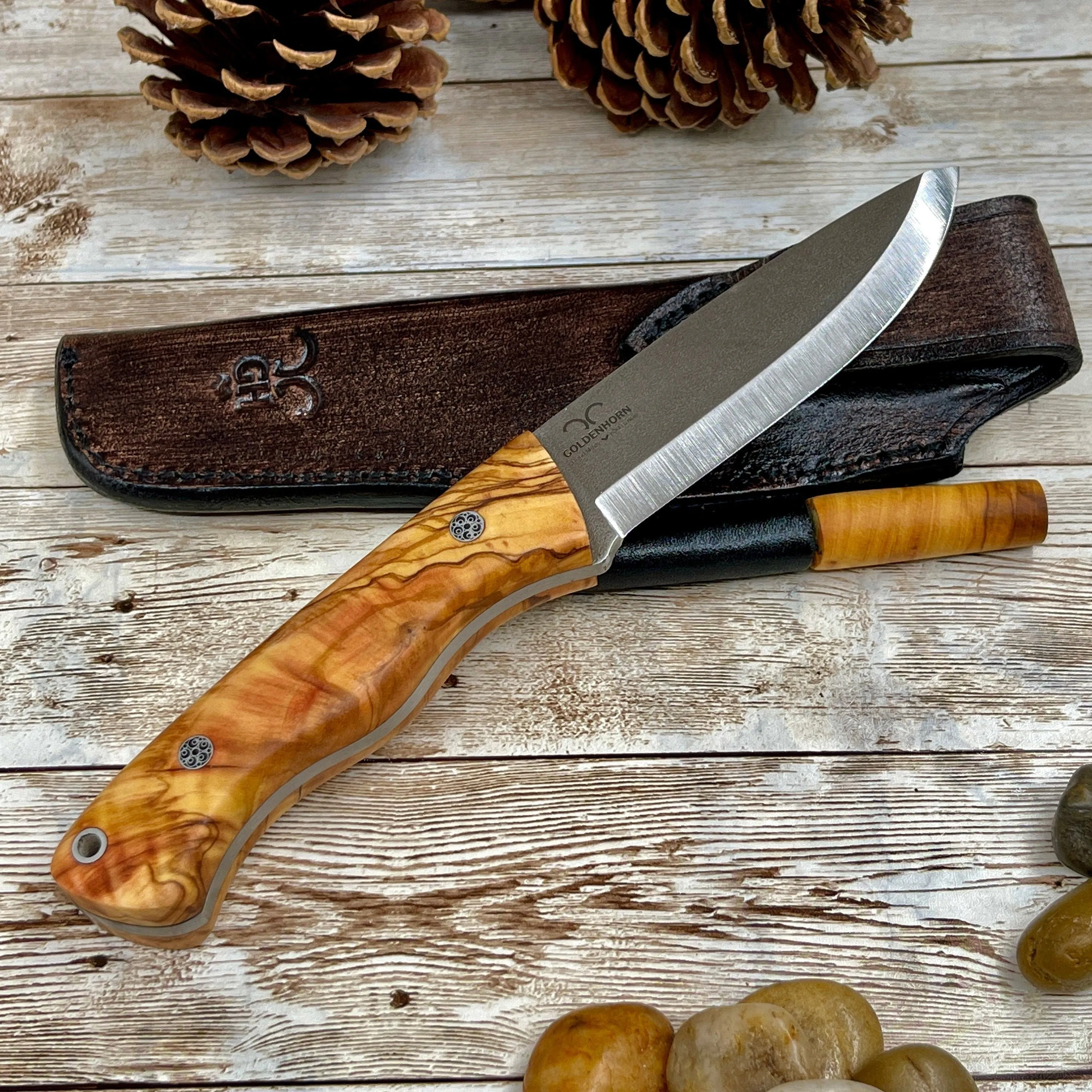 Camping Knife with Customized Wood Handle and Leather Sheath for Anniversary Gift for Him, Olive Handle N690 Blade