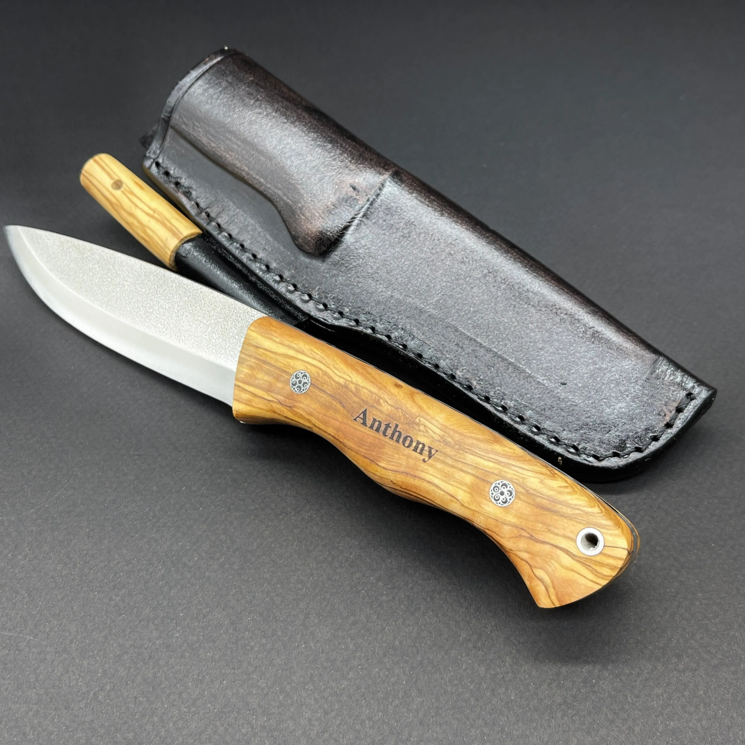 Camping Knife with Customized Wood Handle and Leather Sheath for Anniversary Gift for Him, Olive Handle N690 Blade