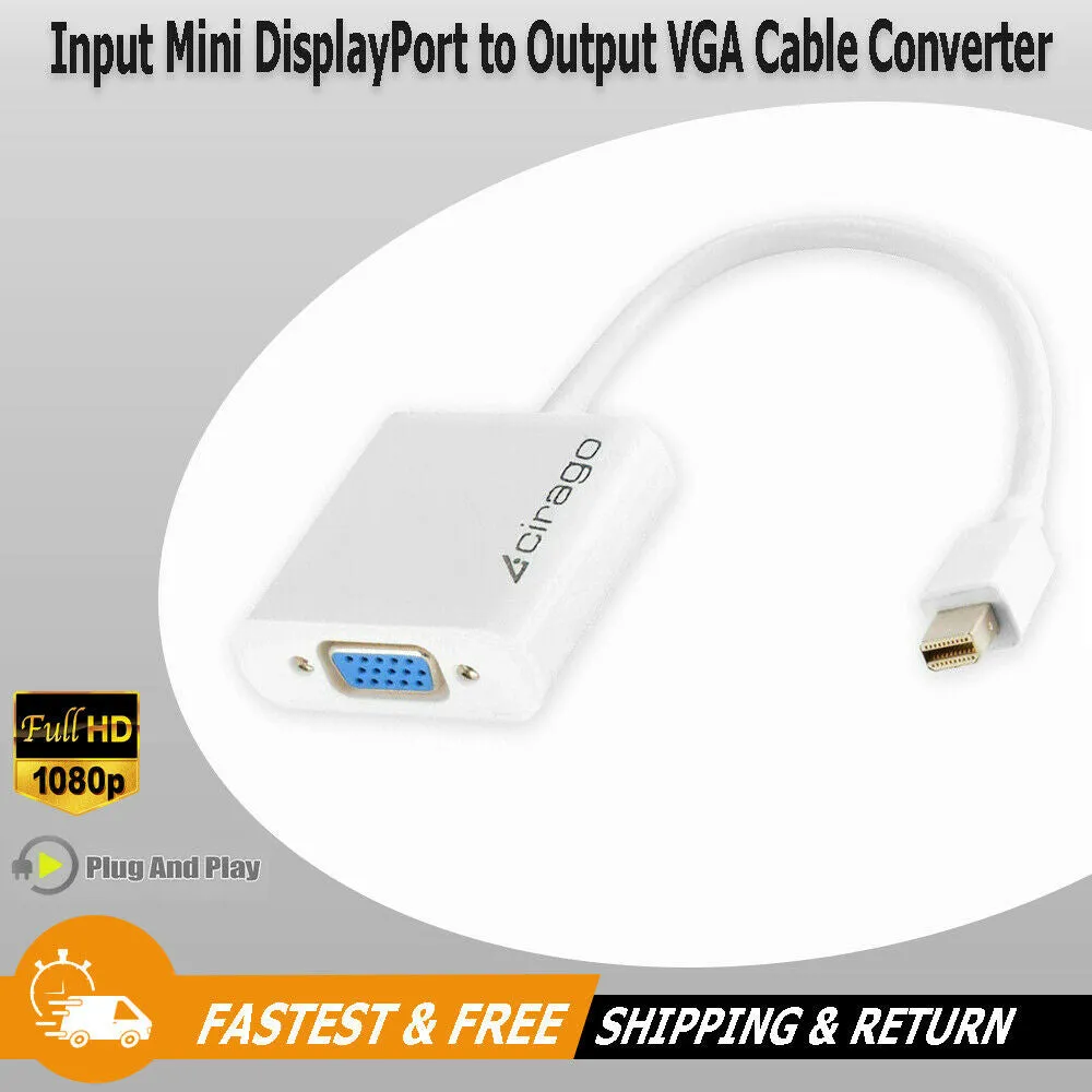 Cirago Mini Display Port mDP to VGA 1080P Video Converter Cable Adapter - White