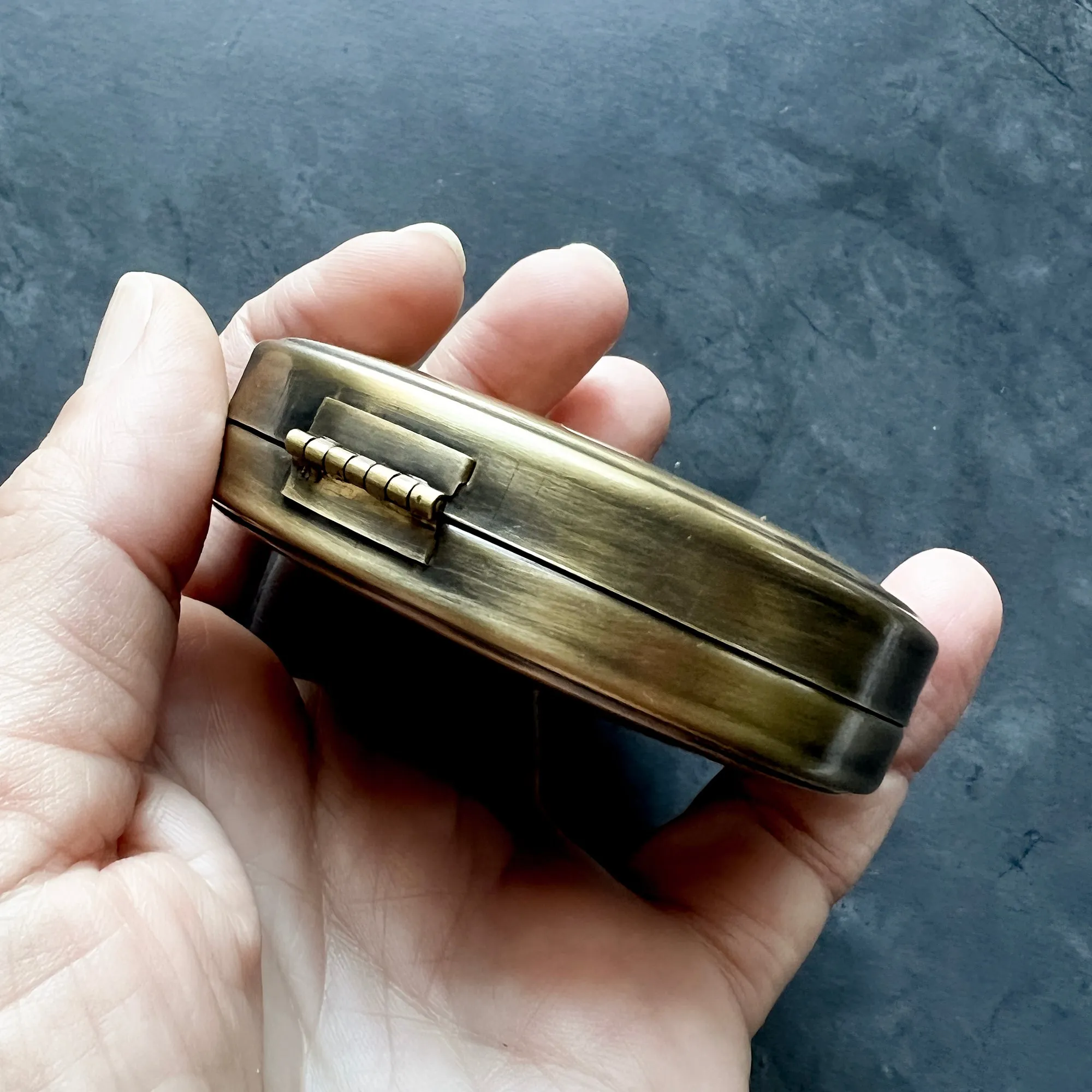 Customizable Round Brass Pill or Trinket Box with Your Choice of Engraving and/or Animal on Lid — Perfect Pillbox for Purse or Tote!