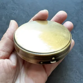 Customizable Round Brass Pill or Trinket Box with Your Choice of Engraving and/or Animal on Lid — Perfect Pillbox for Purse or Tote!