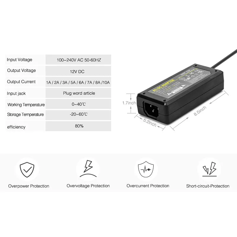 DC12V LED Power Supply 1A 2A 3A 5A 6A 7A 8A 10A Switch Transformer