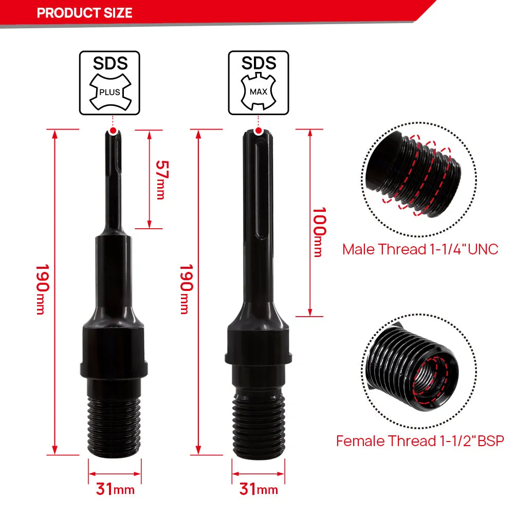 DT-DIATOOL 1pc 1 1/4"-7 UNC male thread to SDS-Plus/SDS-Max Shank 190mm Total Length  Electric hammer drill