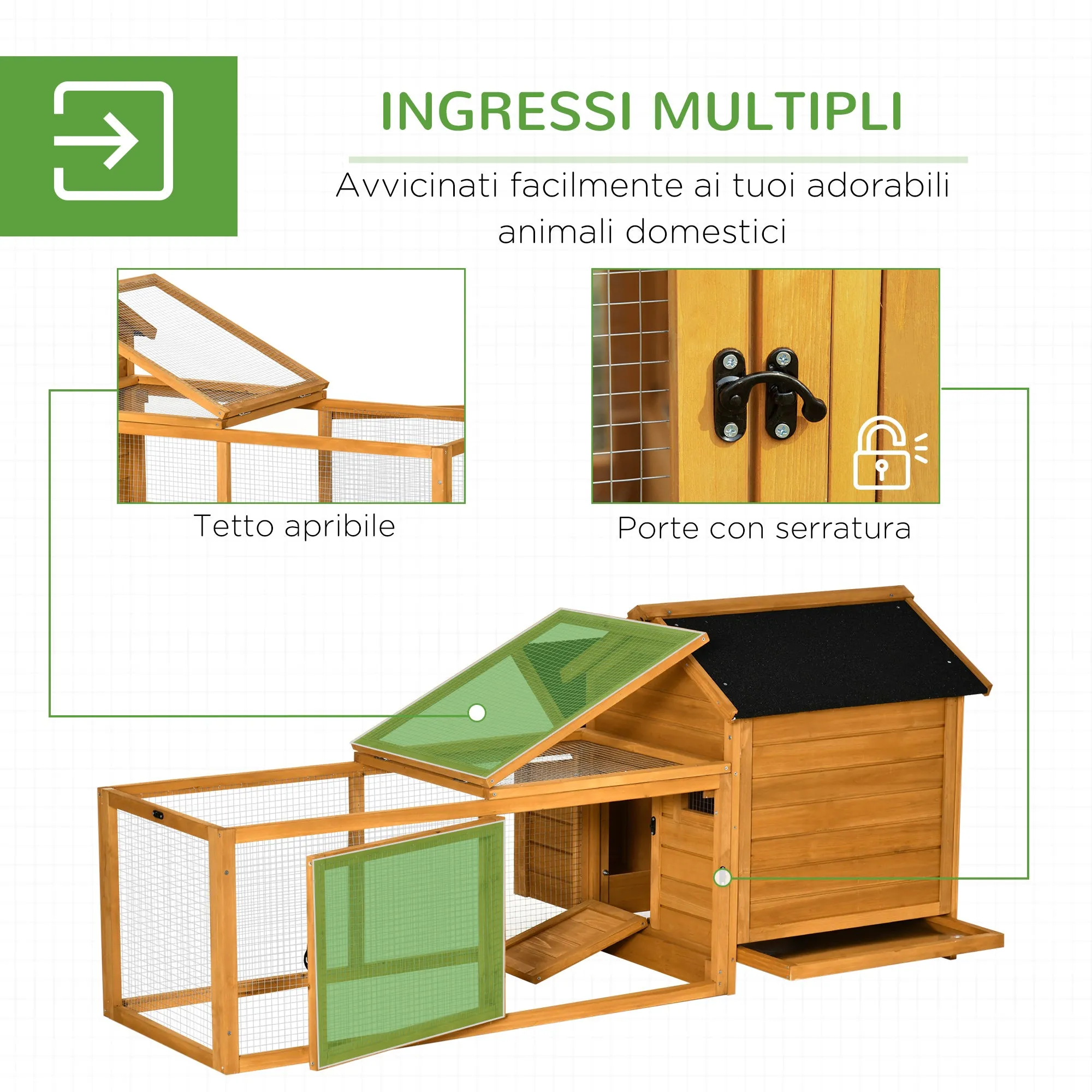 Easycomfort Pollaio per Galline con Casetta, Area di Corsa e di Cova, e Vassoio Estraibile in Legno 180x92x78cm