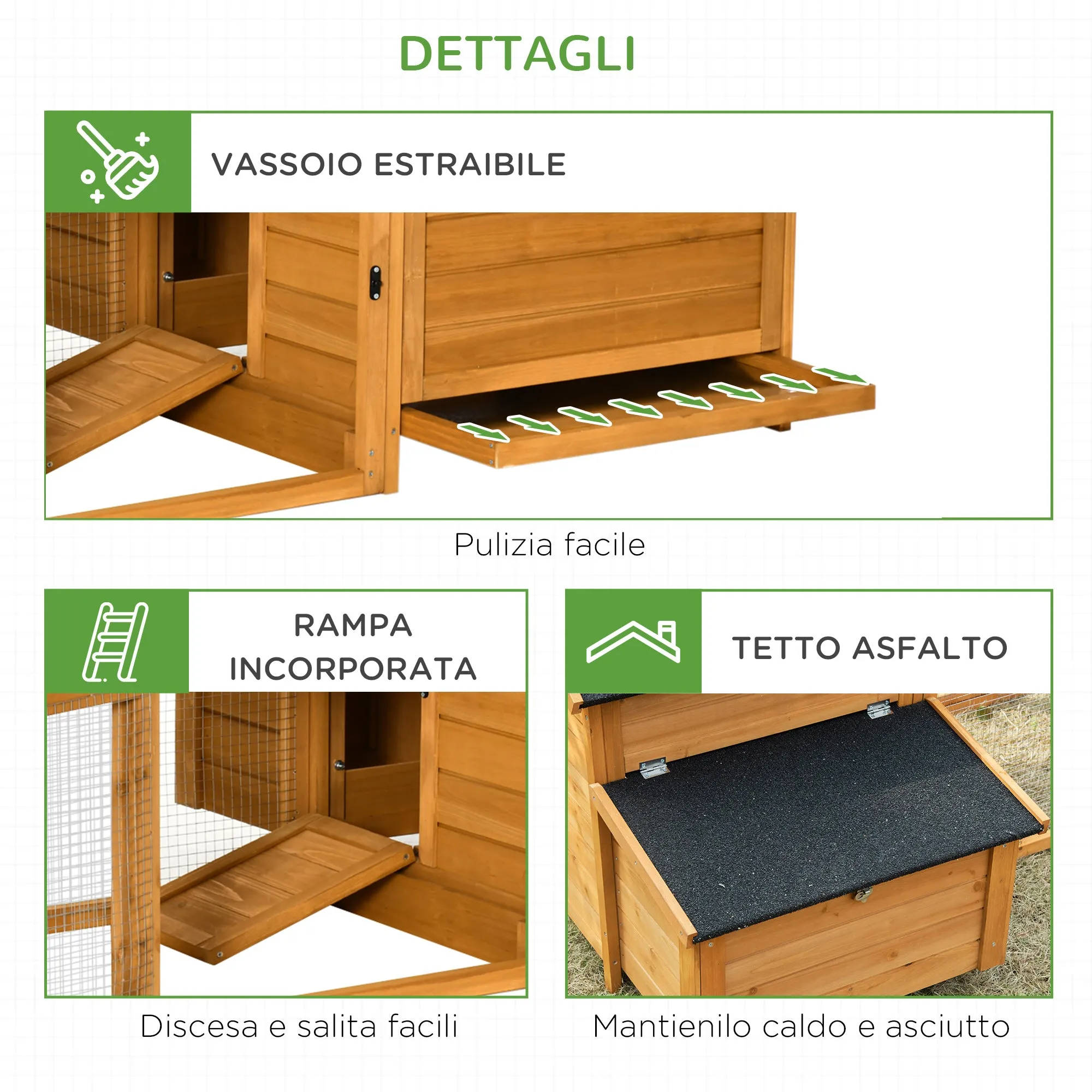 Easycomfort Pollaio per Galline con Casetta, Area di Corsa e di Cova, e Vassoio Estraibile in Legno 180x92x78cm