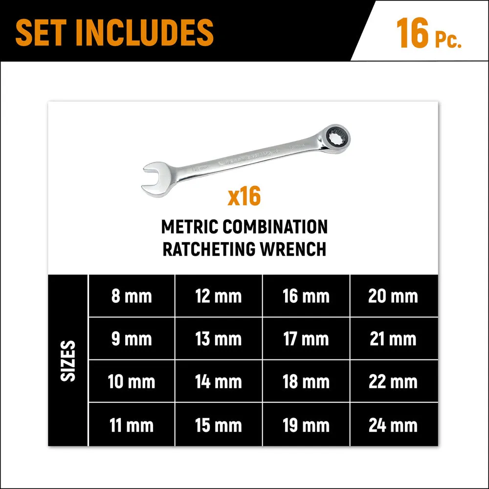 GearWrench 9416 16 Pc. 72-Tooth 12 Point Ratcheting Combination Metric Wrench Set