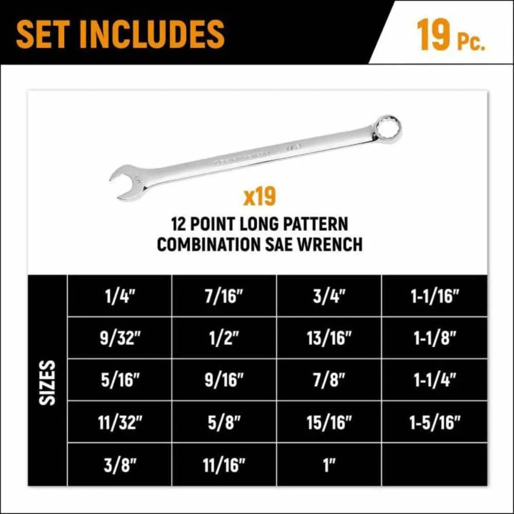 Gearwrench GWMSCWL12SAE 19 Piece 12 Point Long Pattern Combination SAE Wrench Set