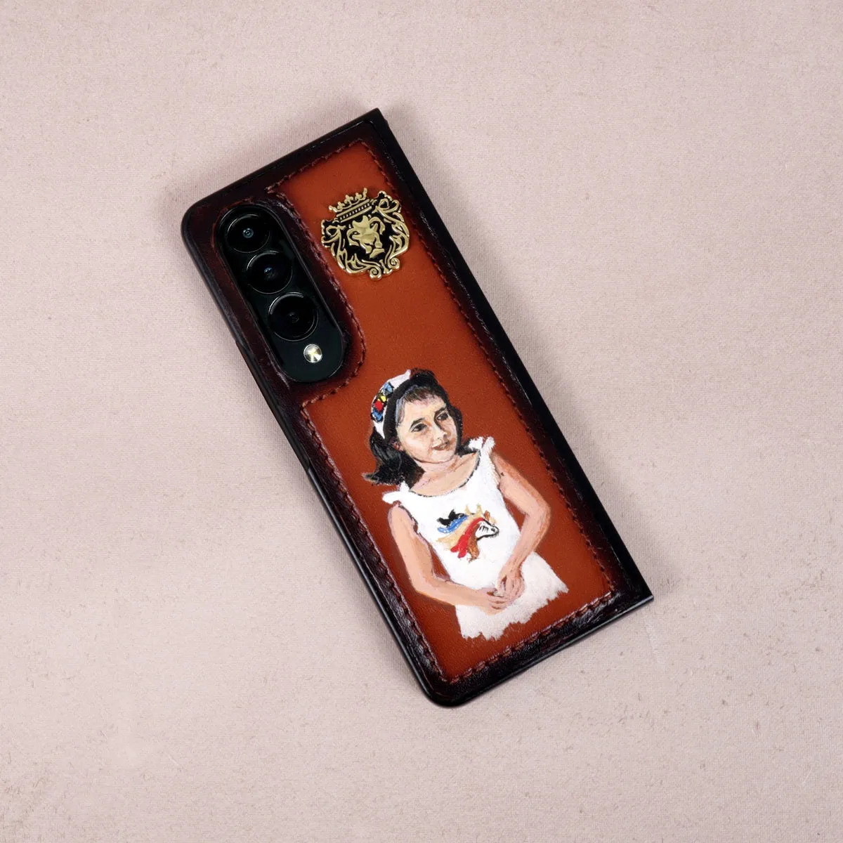 Hand Painted Mobile Cover with Customized Daughter Portrait on Tan Samsung Galaxy Fold Case