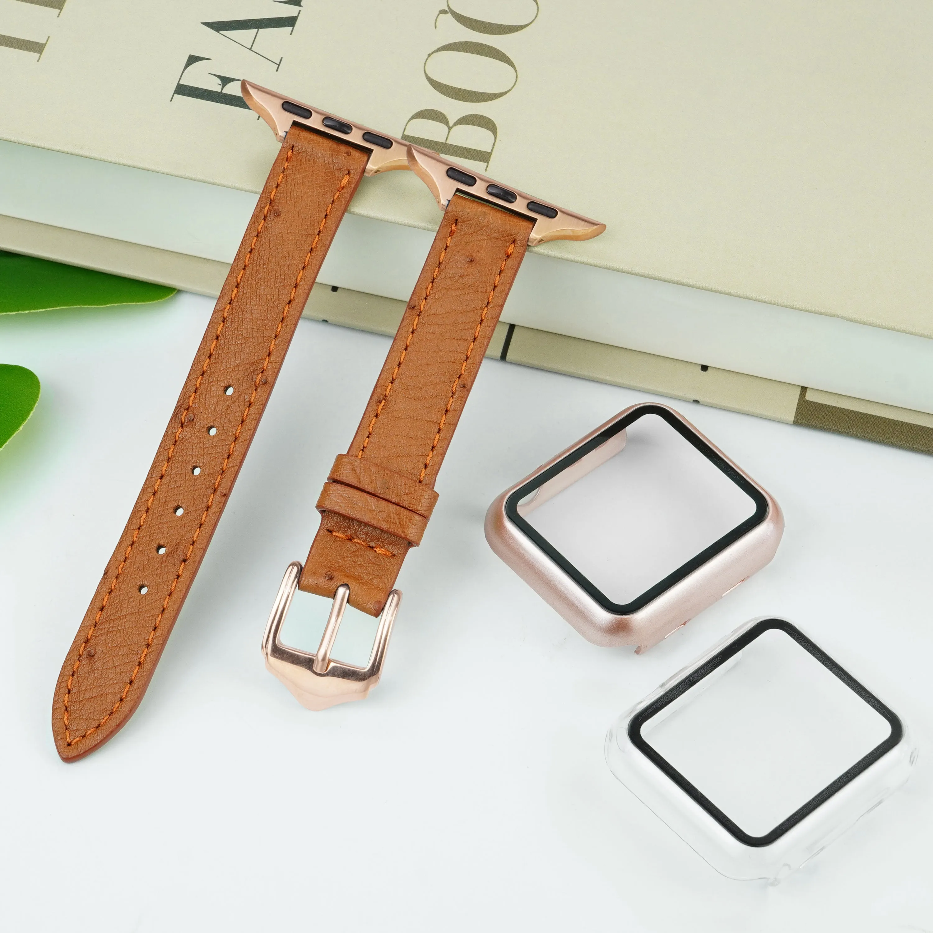 Light Brown Flat Ostrich Leather Band Compatible Apple Watch Iwatch 44mm Screen Protector Case Gold Adapter Replacement Strap For Smartwatch Series 4 5 6 SE Leather Handmade AW-186G-W-44MM