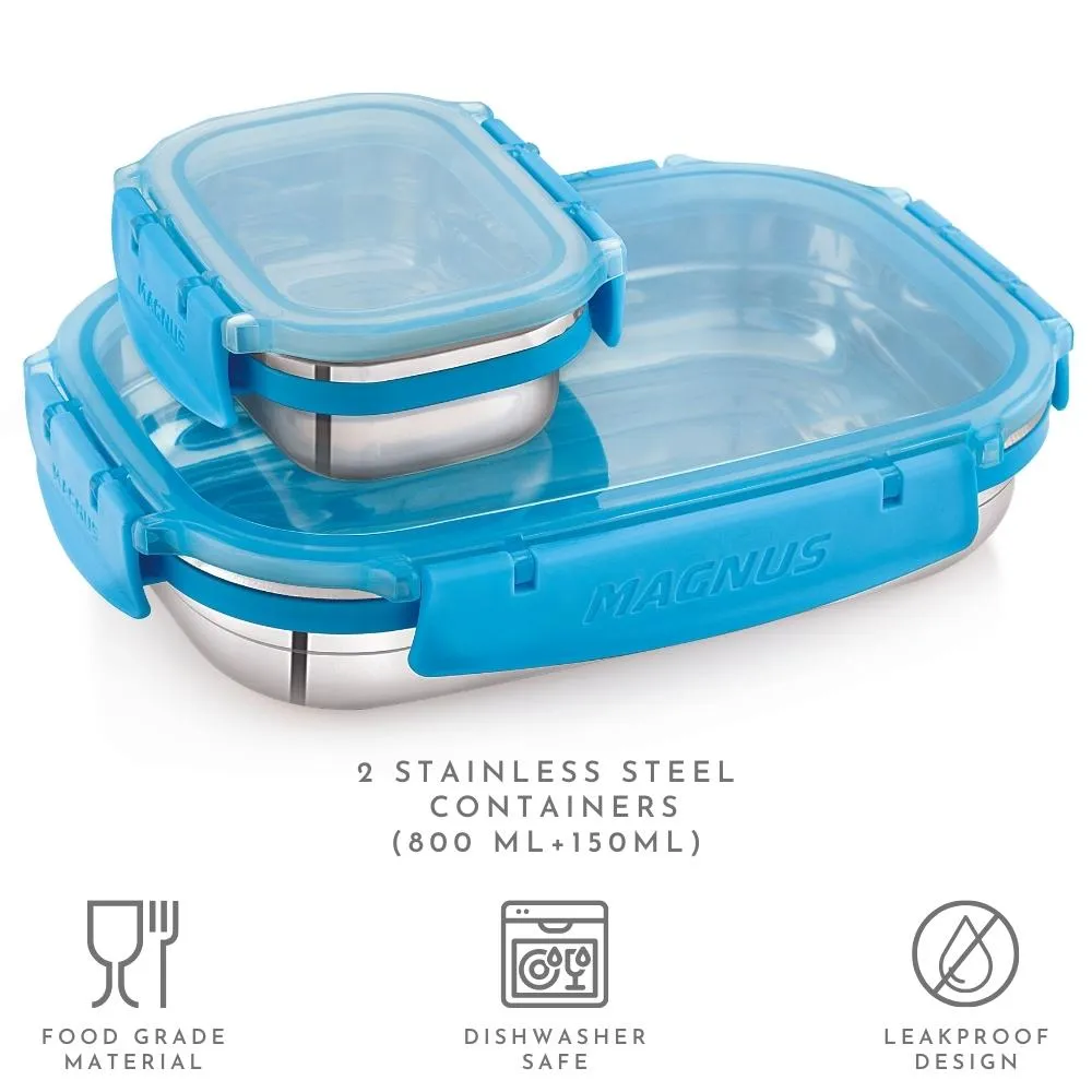 Magnus Bolt Classic Clear Lid Stainless Steel Lunch Box for School | 100% Leakproof | BPA Food Safe | Easy To Open | Dishwasher Safe