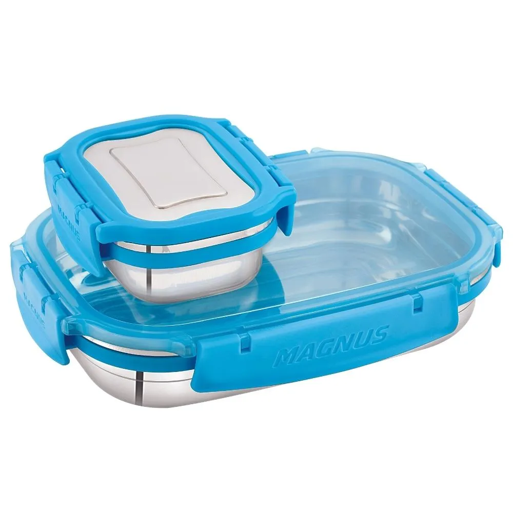 Magnus Bolt Classic Clear Lid Stainless Steel Lunch Box for School | 100% Leakproof | BPA Food Safe | Easy To Open | Dishwasher Safe