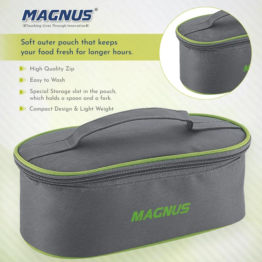 Magnus Olive 3 Lunch Box Set: Leak-Proof Stainless Steel Containers with Thermal Bag - Lunch Box for Kids and Lunch Boxes for Office Men - Airtight & Insulated Food Tiffin (950 ml)