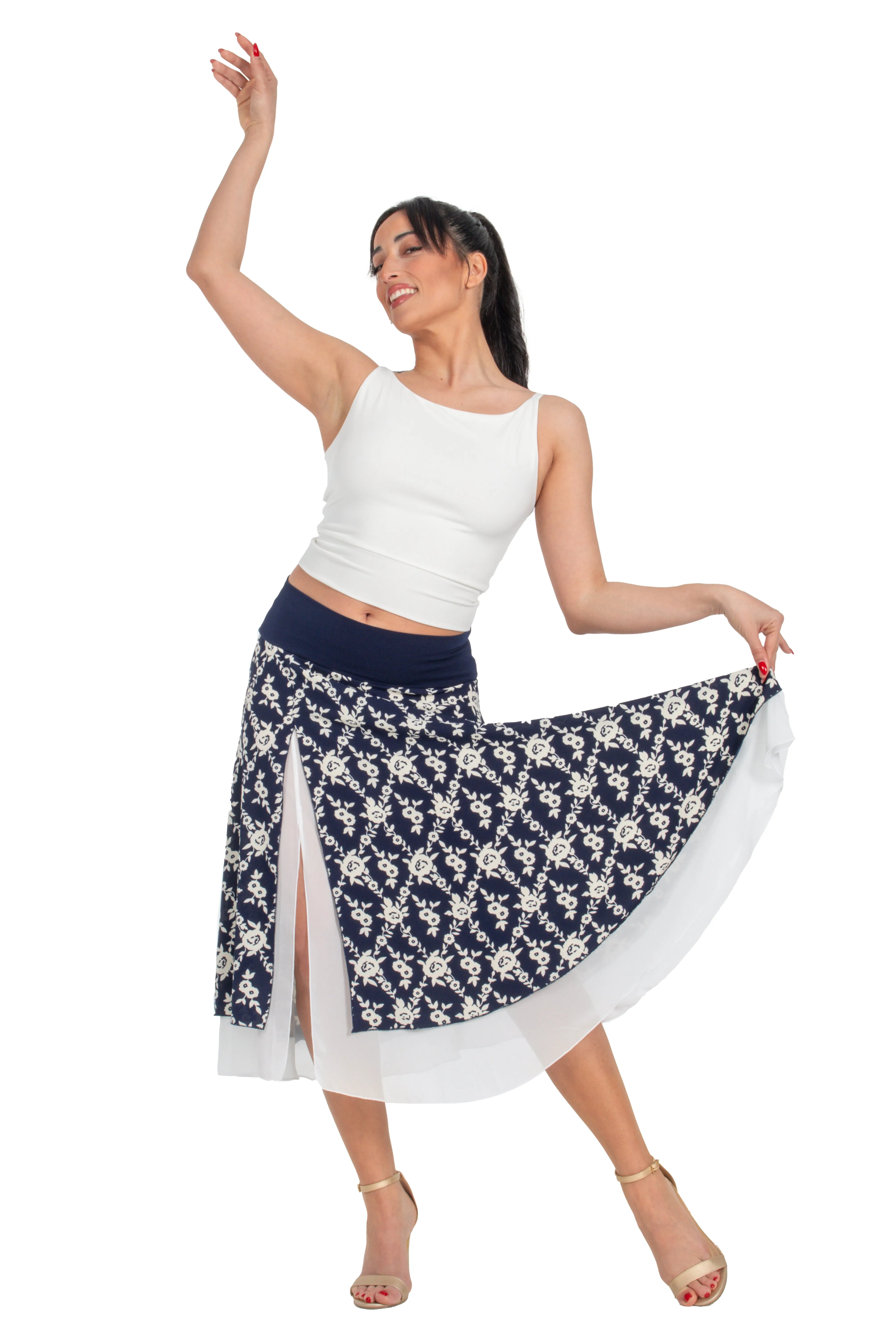 Navy Blue Floral Print Two-layer Georgette Dance Skirt (XS,S,M,L)