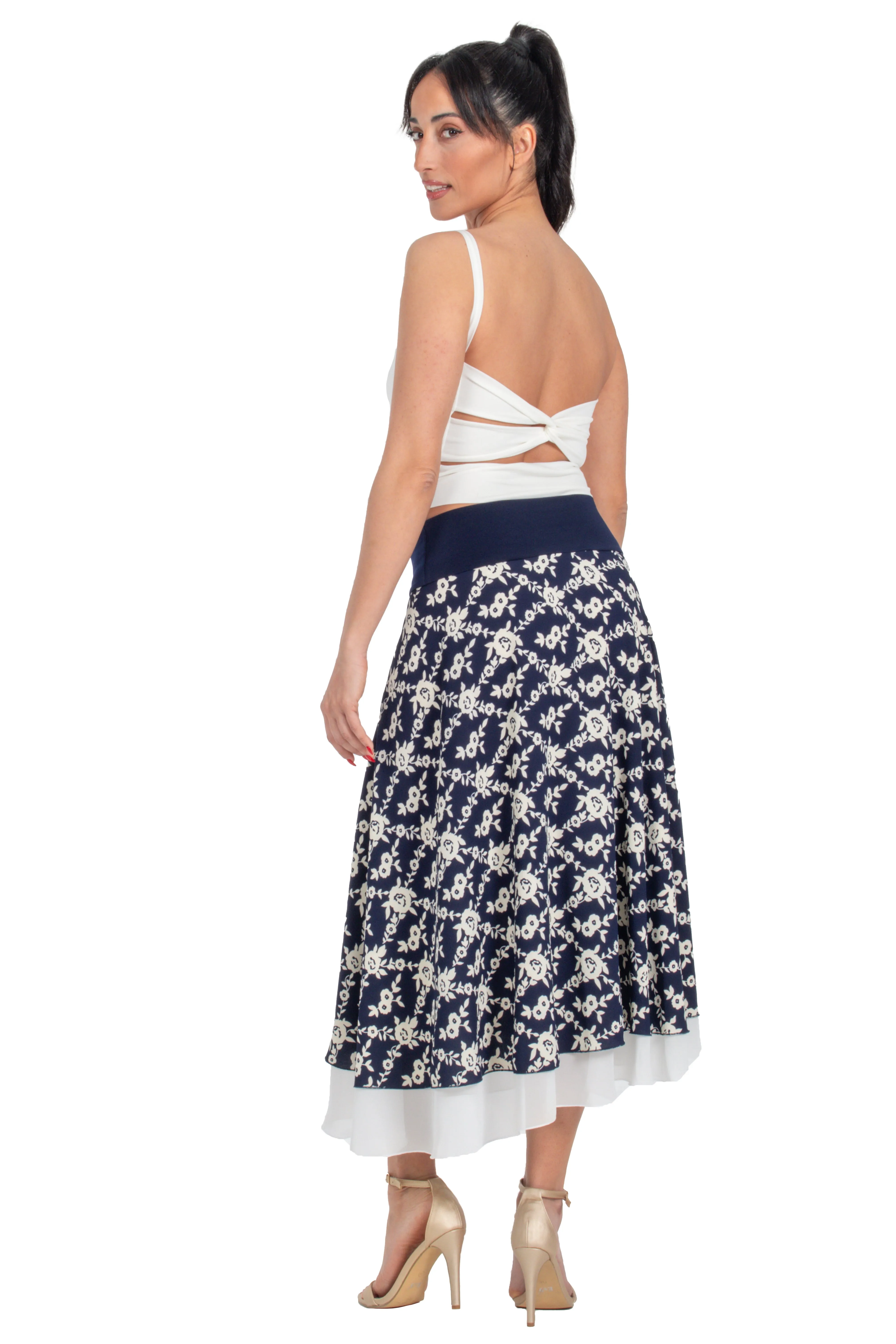 Navy Blue Floral Print Two-layer Georgette Dance Skirt (XS,S,M,L)