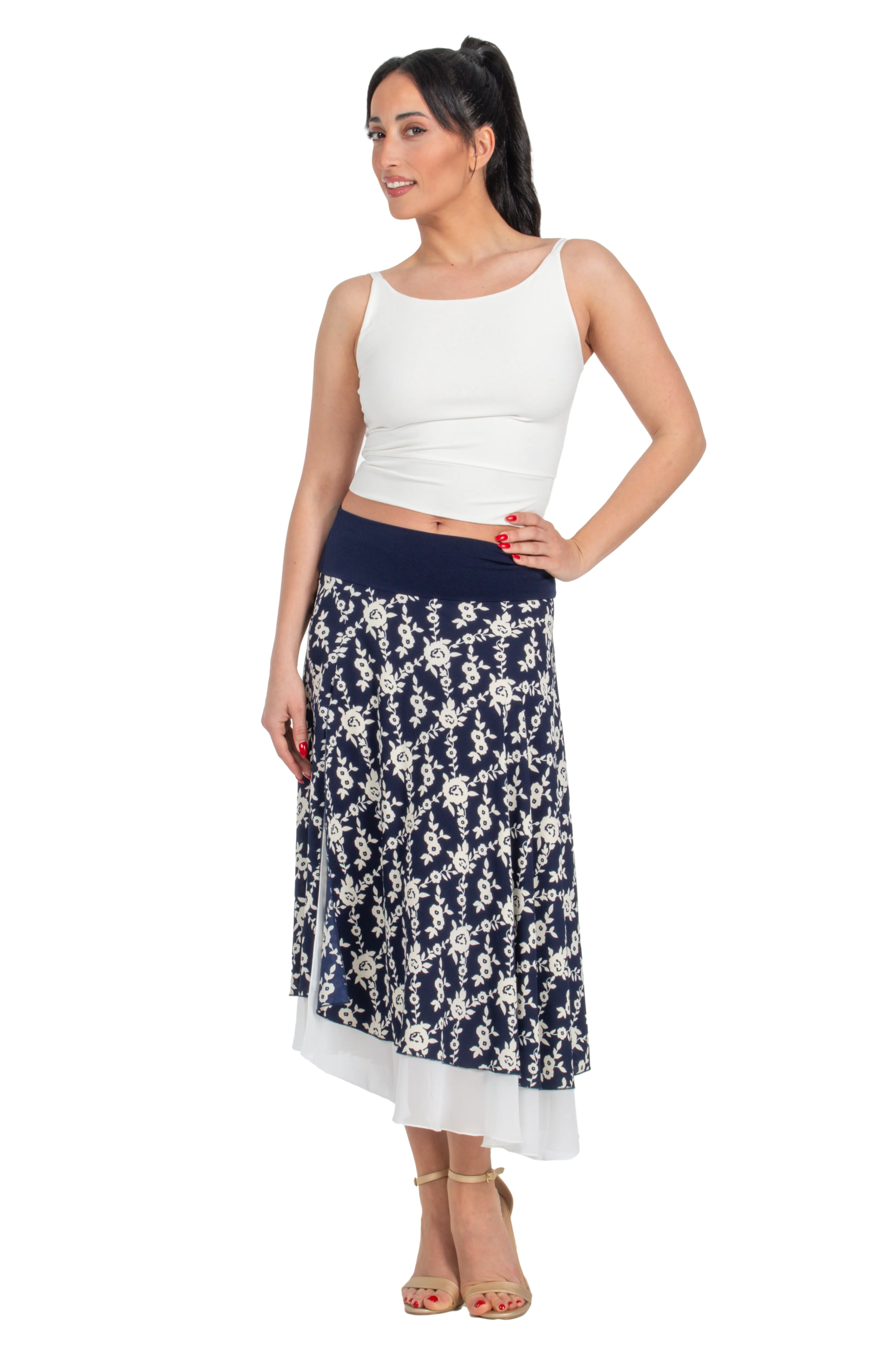 Navy Blue Floral Print Two-layer Georgette Dance Skirt (XS,S,M,L)