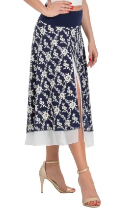 Navy Blue Floral Print Two-layer Georgette Dance Skirt (XS,S,M,L)