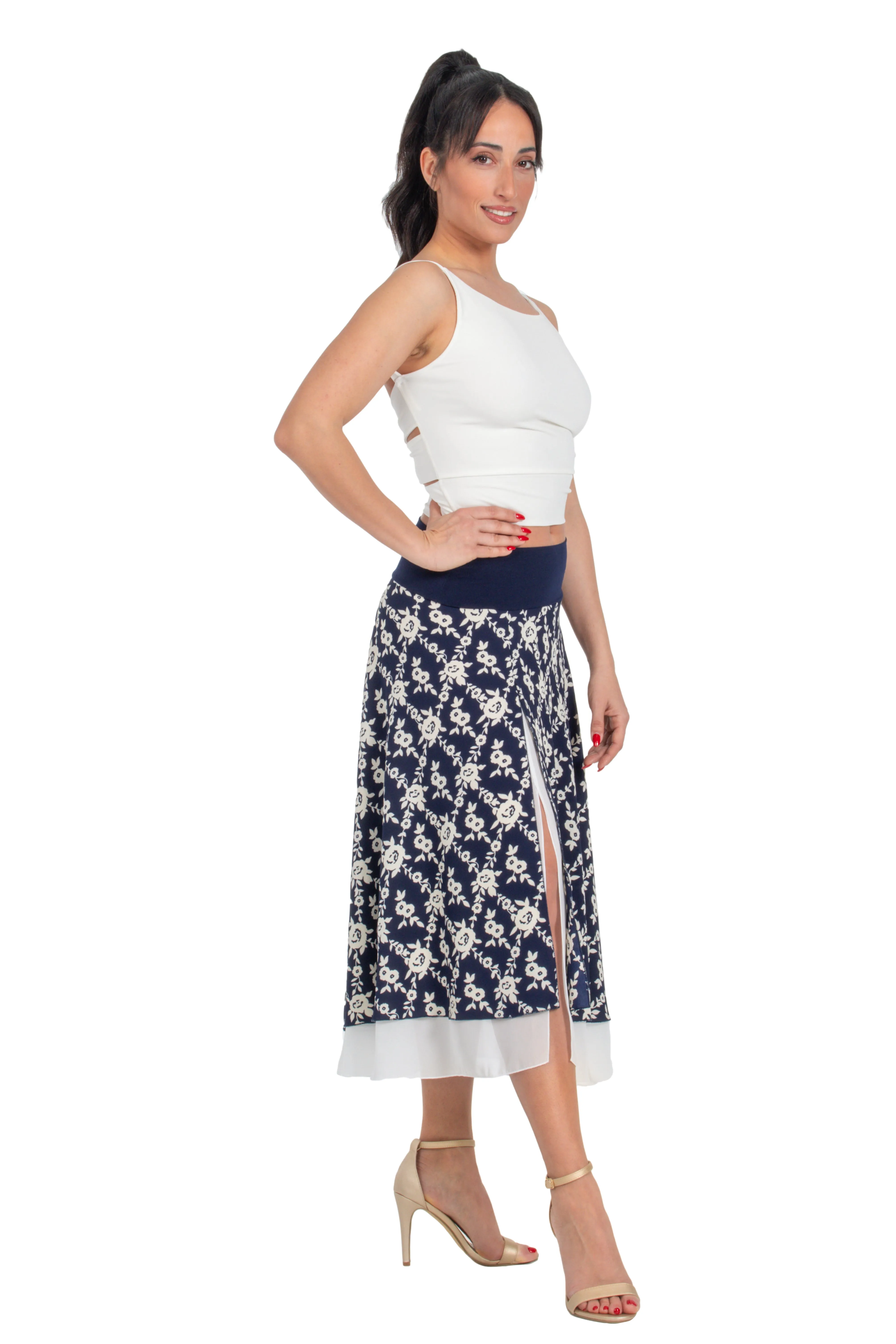 Navy Blue Floral Print Two-layer Georgette Dance Skirt (XS,S,M,L)