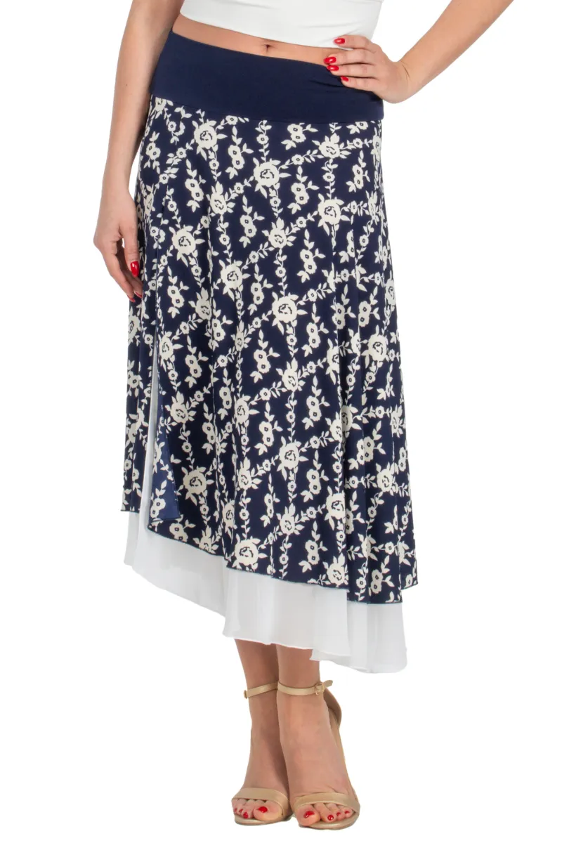 Navy Blue Floral Print Two-layer Georgette Dance Skirt (XS,S,M,L)