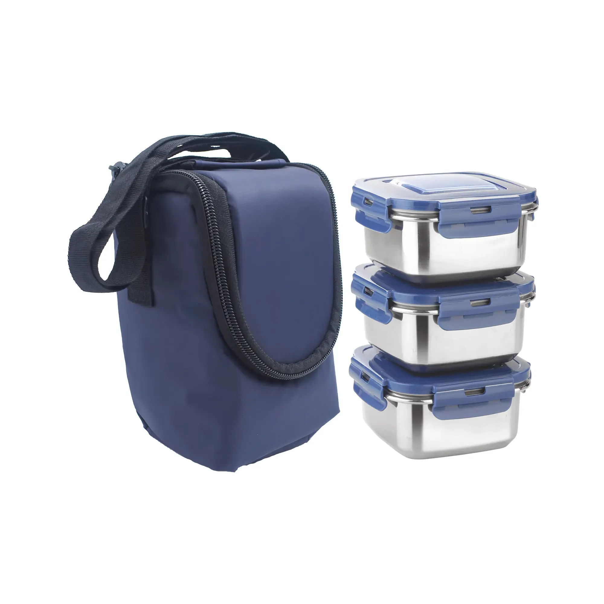 Nayasa Stainless Steel Eco Crunch 3 Containers Lunch Box With Fabric Bag, Blue