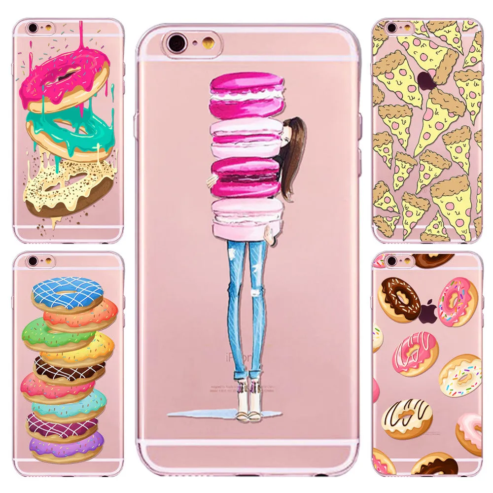 New Ice cream Donuts Macaron Pattern Case Cover For iphone 6 6S Cute Girl Dress Transparent Silicone Moblie Phone Bag Protective