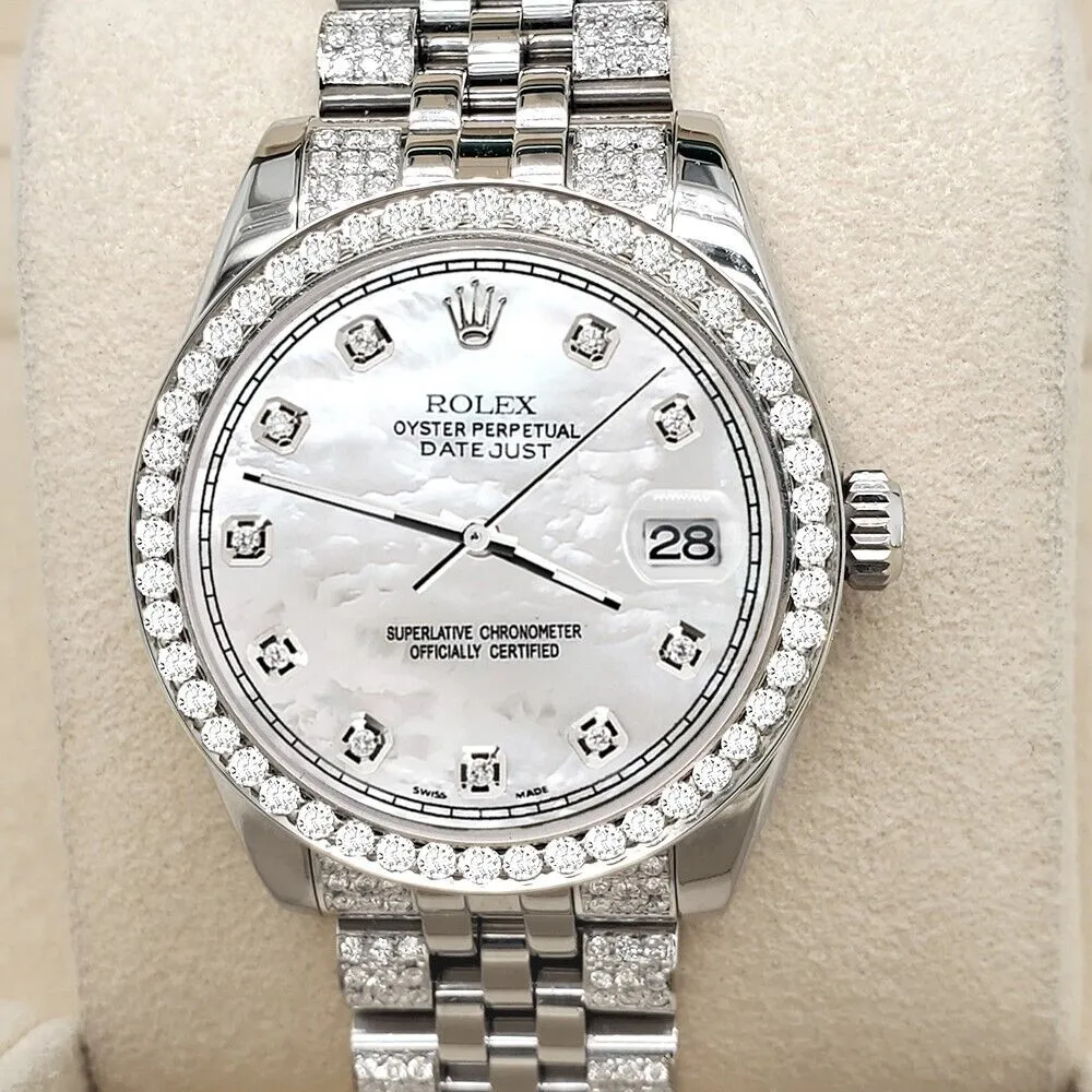 Rolex Datejust Midsize 31mm 3.3ct Diamond Bezel/Bracelet/White MOP Dial Watch TFJ-142508208