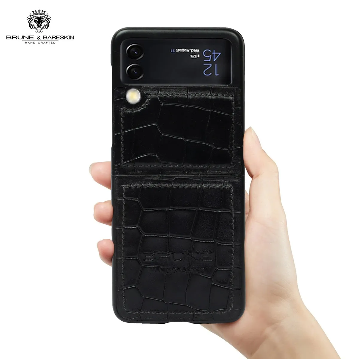 Samsung Galaxy Flip Series Black Deep Croco Textured Leather Mobile Cover by Brune & Bareskin