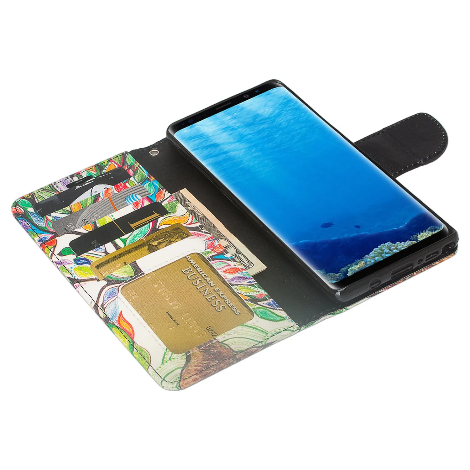 Samsung Galaxy Note 8 Case, Galaxy Note 8 Wallet Case, Slim Flip Folio [Kickstand] Pu Leather Wallet Case with ID & Card Slots & Pocket   Wrist Strap - Vibrant Tree