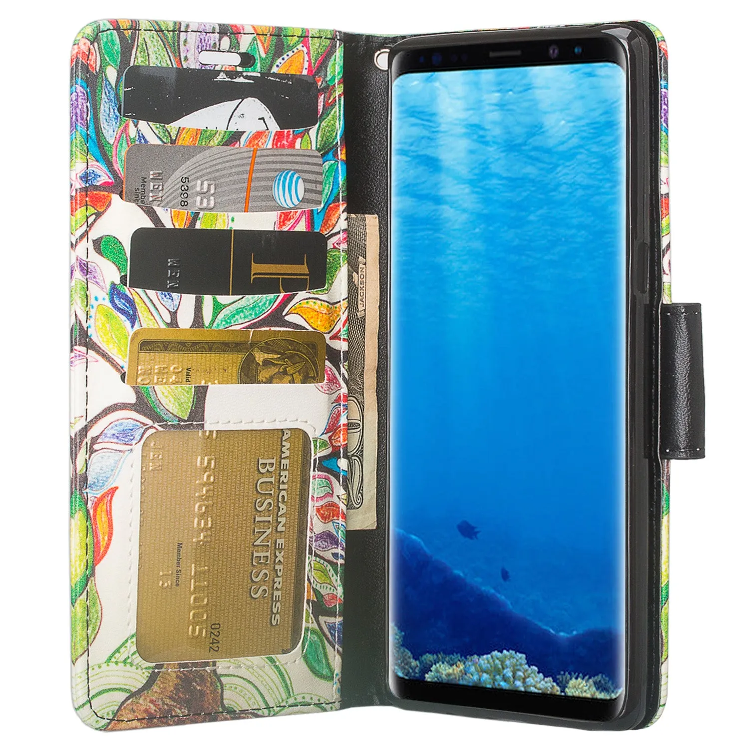 Samsung Galaxy Note 8 Case, Galaxy Note 8 Wallet Case, Slim Flip Folio [Kickstand] Pu Leather Wallet Case with ID & Card Slots & Pocket   Wrist Strap - Vibrant Tree