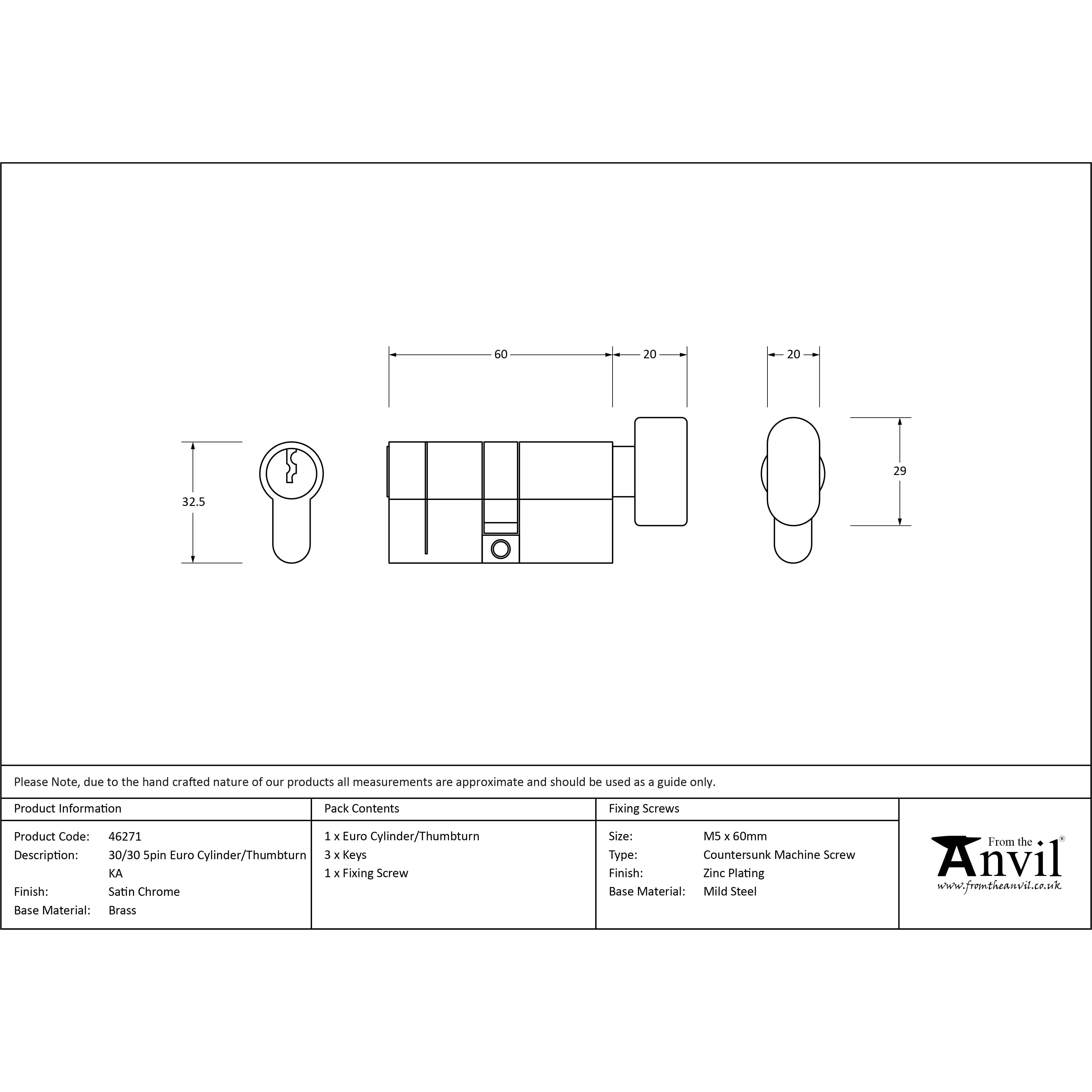 Satin Chrome 30/30 5pin Euro Cylinder/Thumbturn KA | From The Anvil