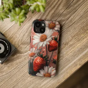 Strawberry and Daisy Floral iPhone Case, Artistic Phone Cover, Protective Aesthetic Accessory, Tough iPhone Case