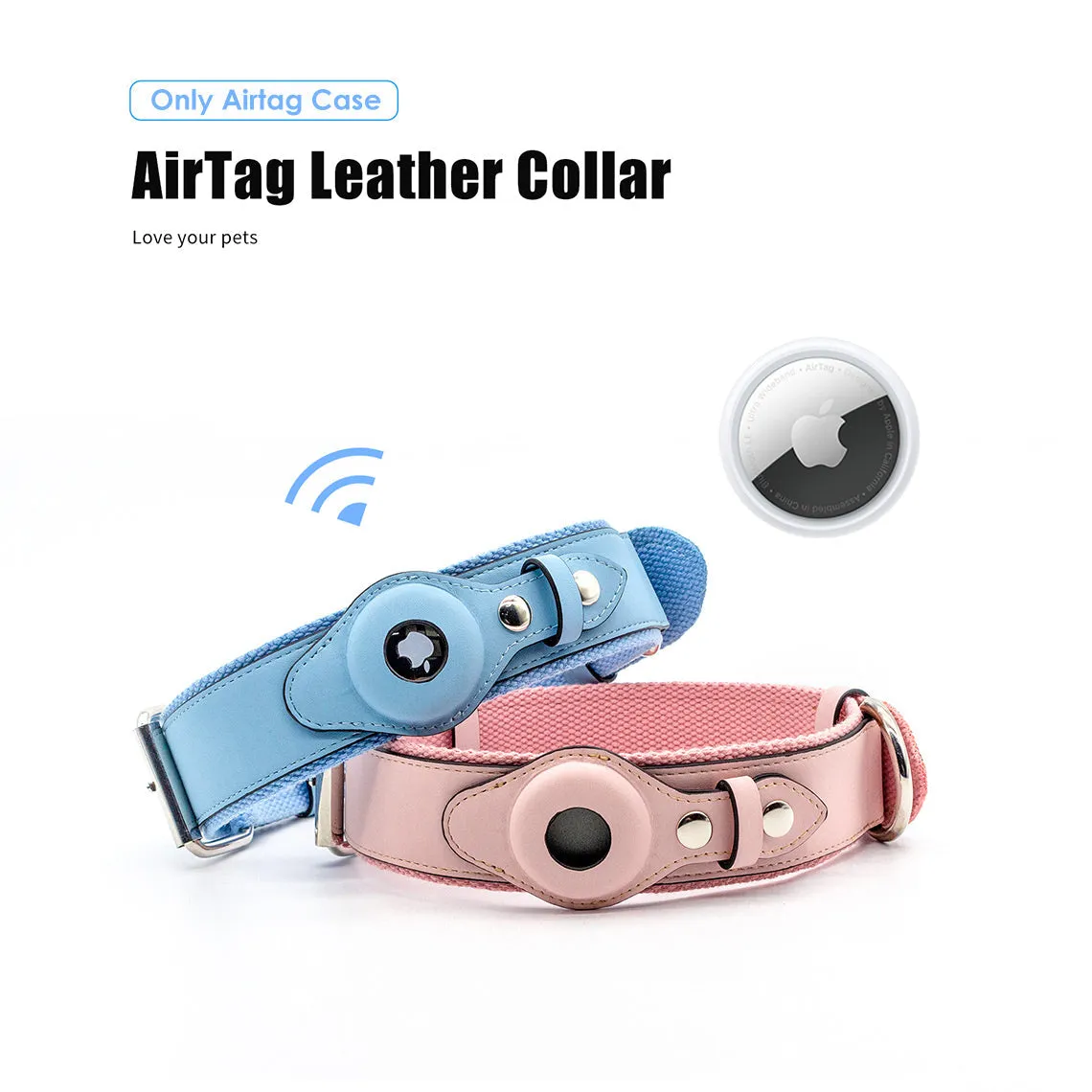 Vegan Leather Dog Collar with Airtag Case - Black