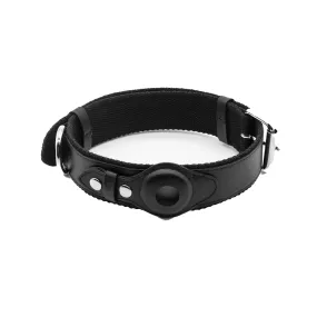 Vegan Leather Dog Collar with Airtag Case - Black