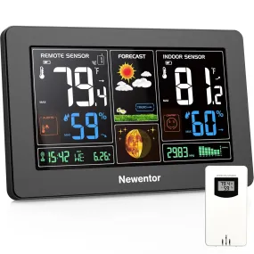 Weather Station Wireless Indoor Outdoor Thermometer, Color Display Digital Weather Thermometer with Atomic Clock, Barometric Pressure, Forecast Station with Adjustable Backlight, Black